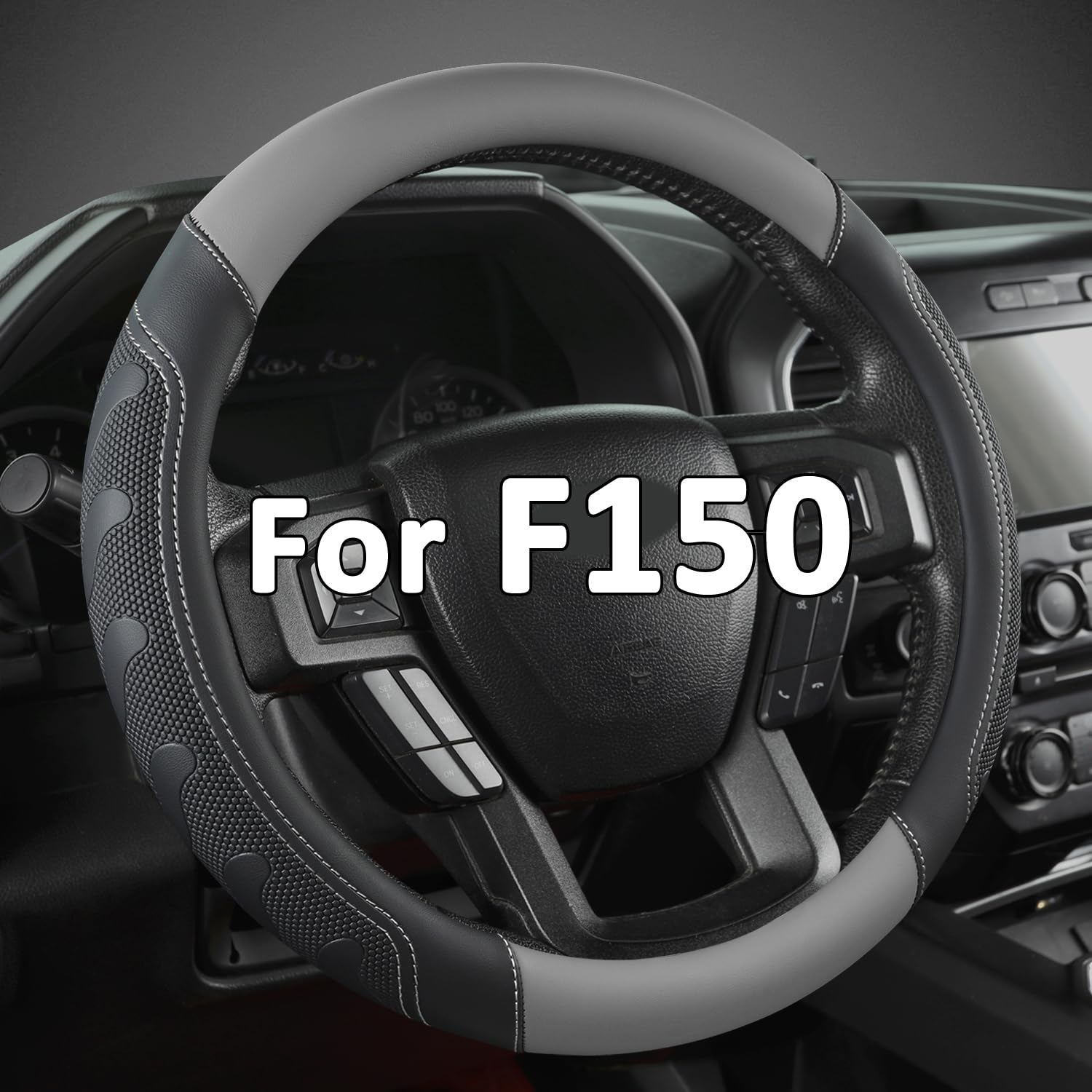 GIANT PANDA front view of steering wheel cover showing black gray design and snug fit benefit