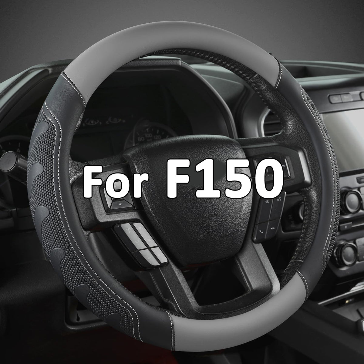 GIANT PANDA front view of steering wheel cover showing black gray design and snug fit benefit