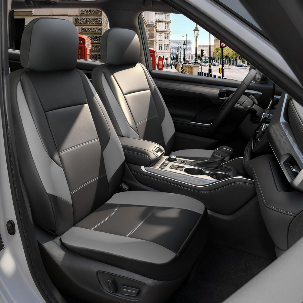 GIANT PANDA front seat covers pack front view showing custom fit and two-tone elegance
