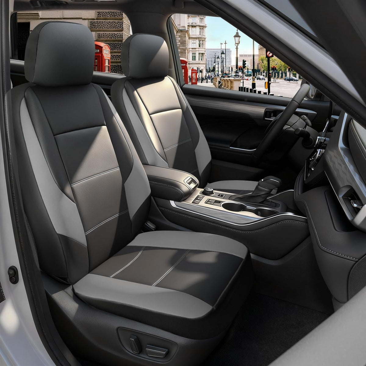 GIANT PANDA front seat covers pack front view showing custom fit and two-tone elegance
