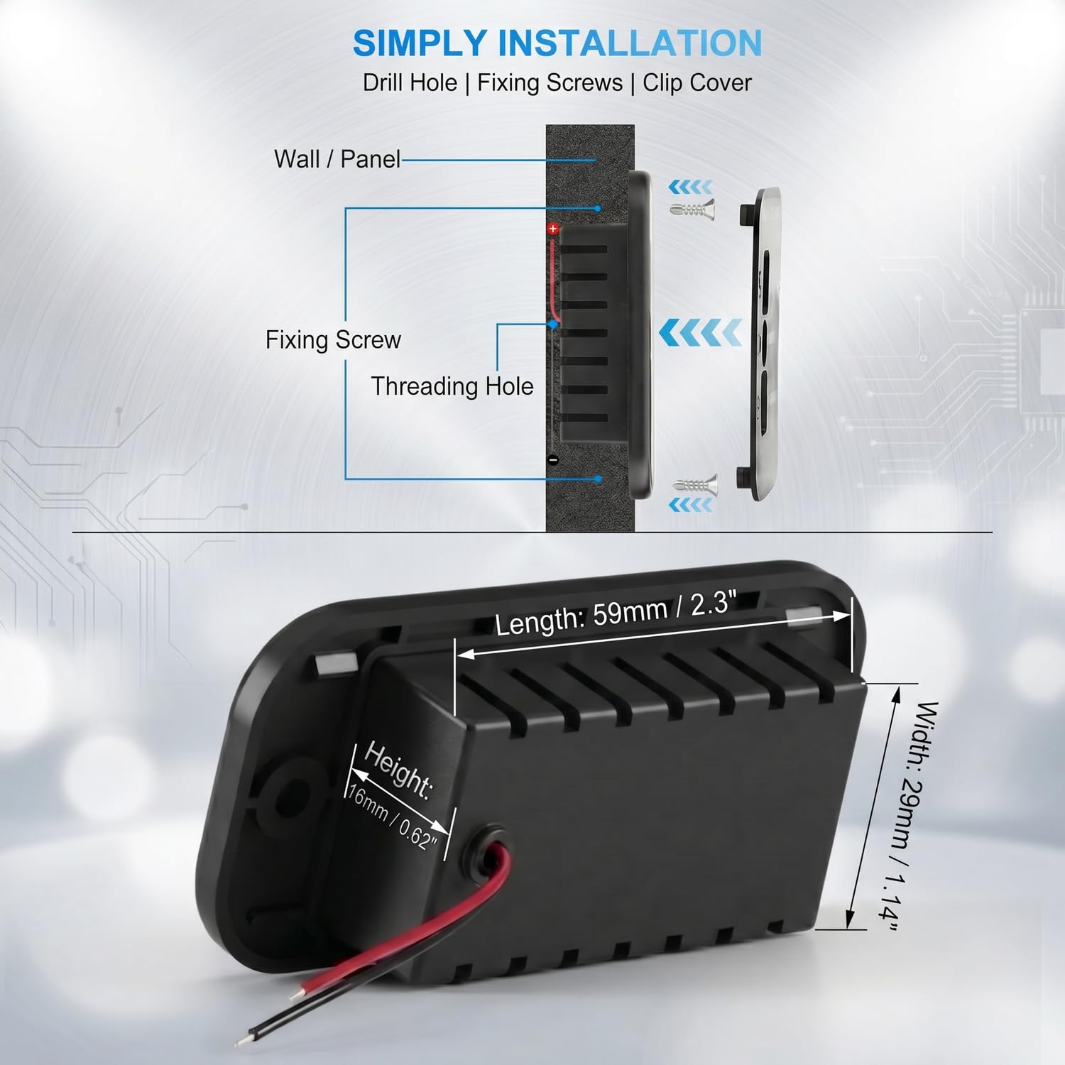 Gibbab rear wiring view showing clear red/black leads for easy installation