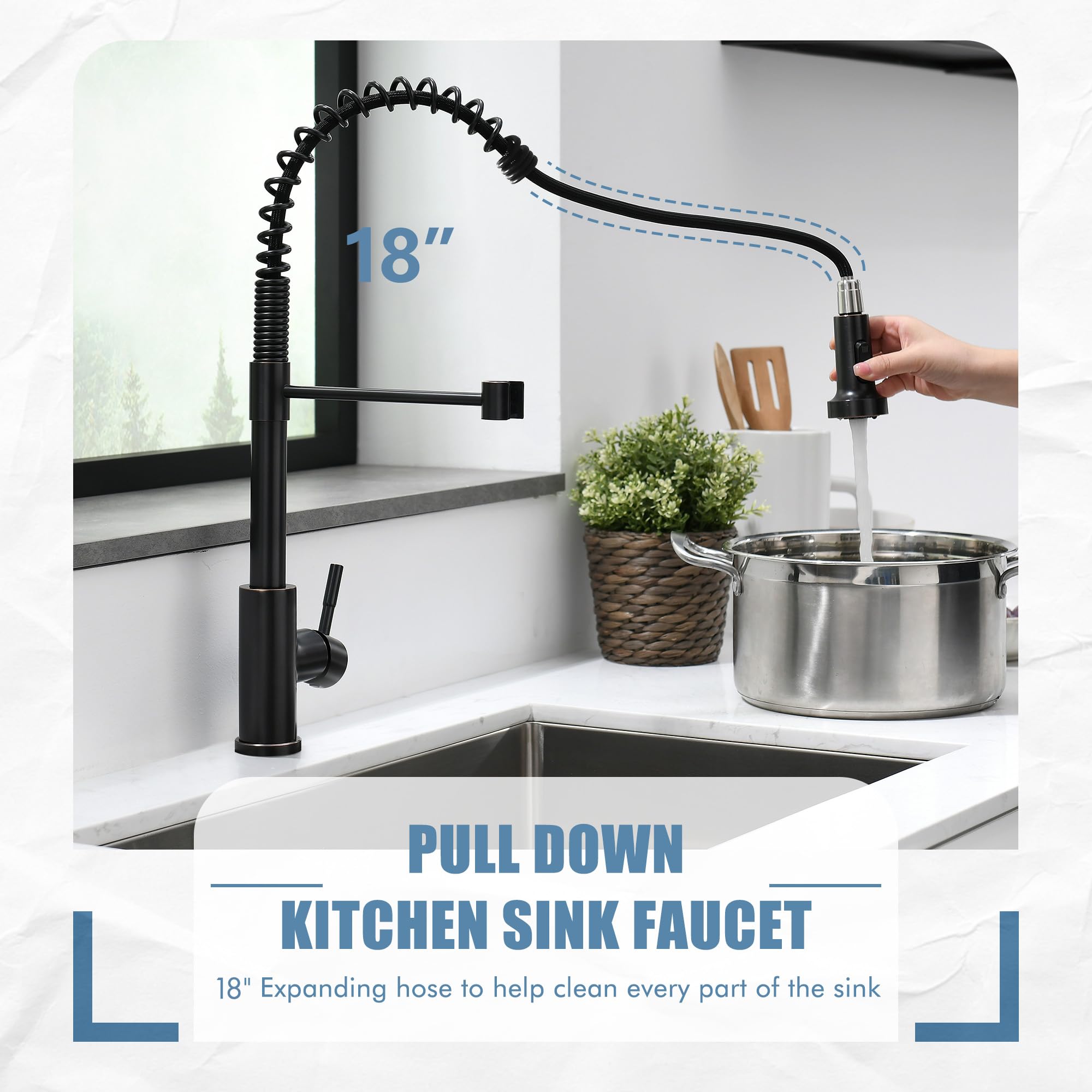 GIMILI pull-down sprayer extended demonstrating full sink coverage and flexible hose