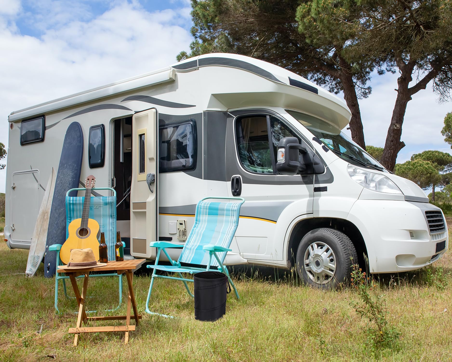 Ginsco camping lifestyle setup stores waste and supplies outdoors neatly