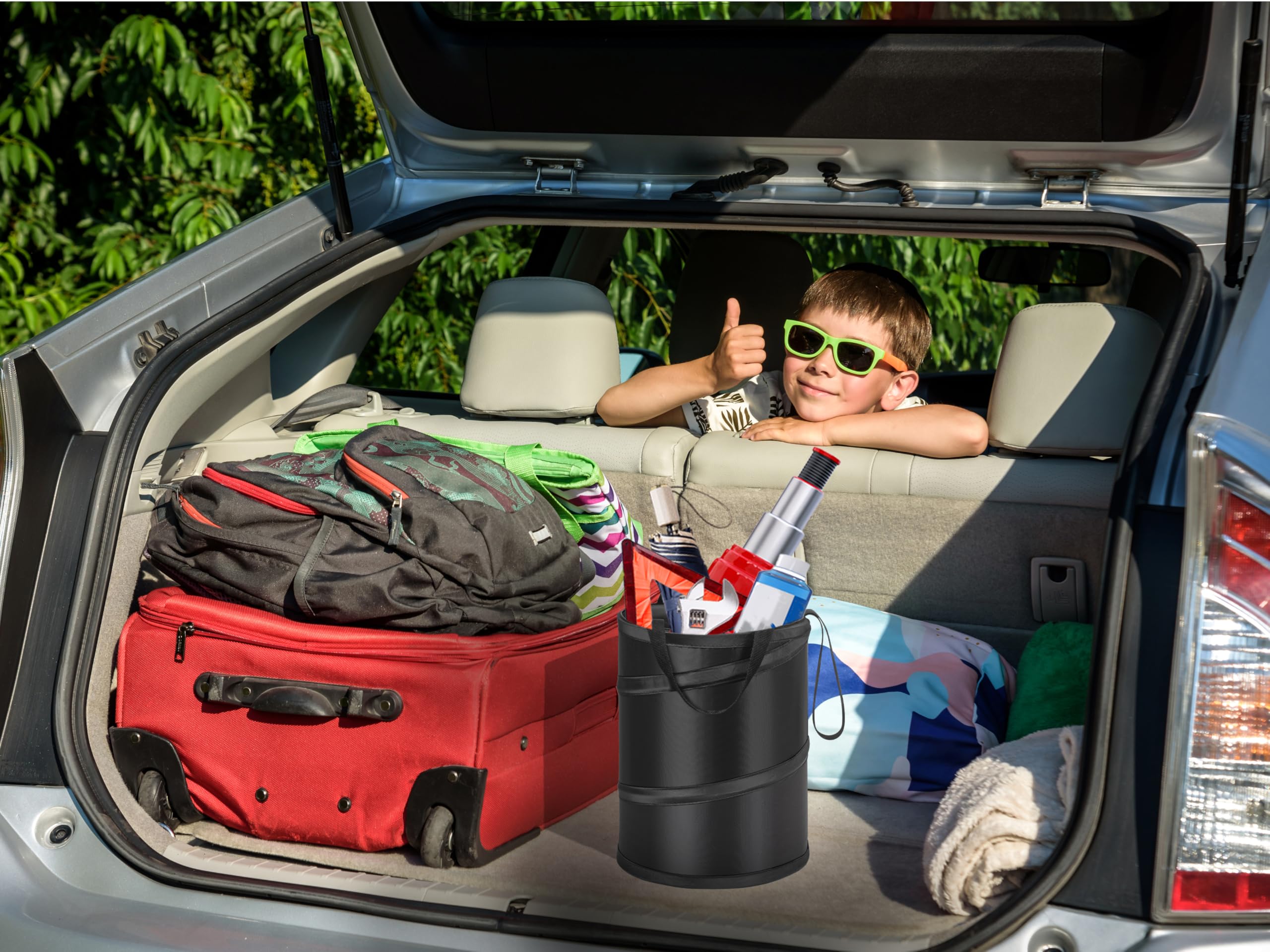 Ginsco filled with snacks and toys organizes items while traveling