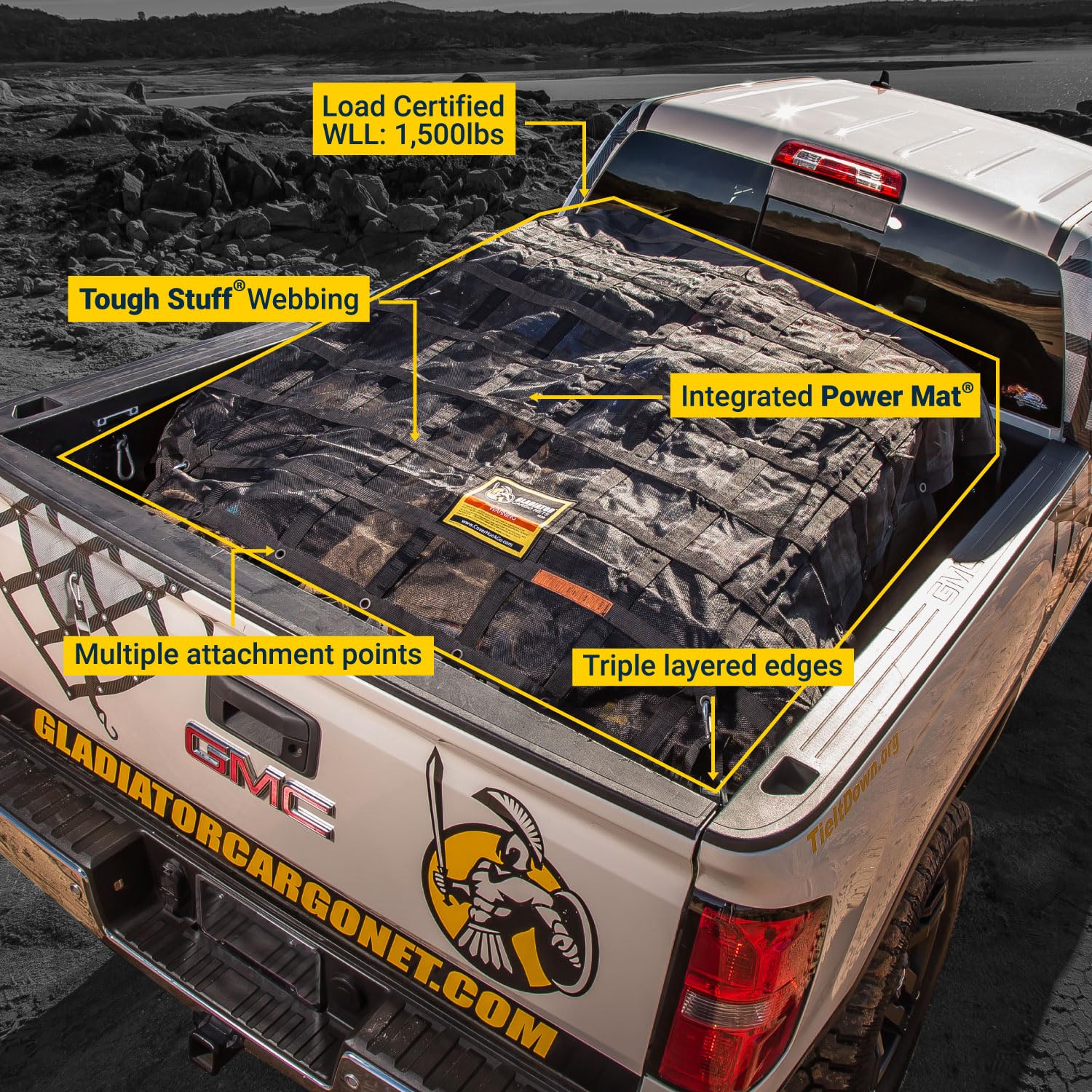 Gladiator Cargo Nets close-up of 1.5-inch webbing highlighting rip-resistant strength