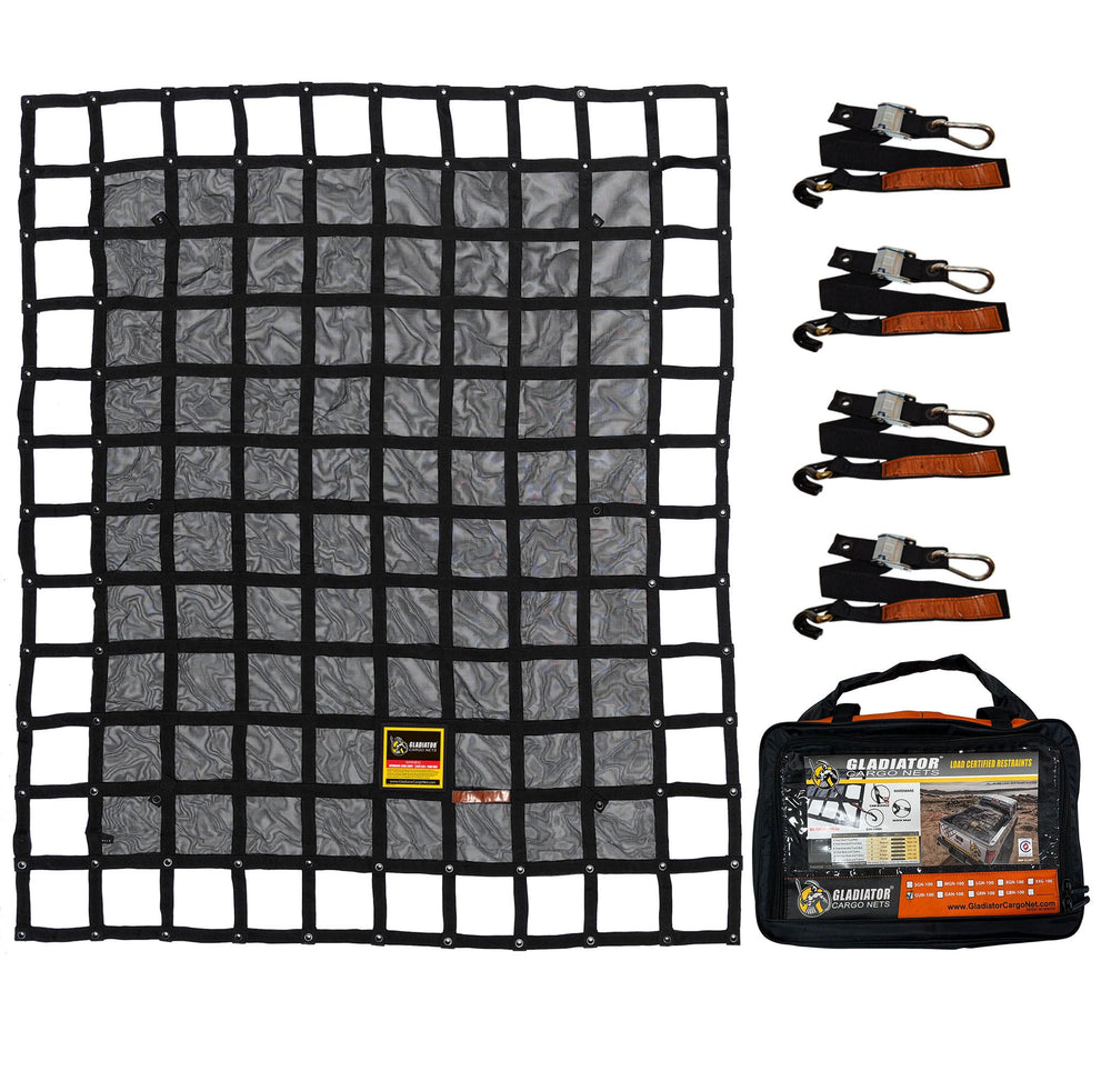 Gladiator Cargo Nets front view showing full 6.75x8 net and benefit of full-coverage restraint
