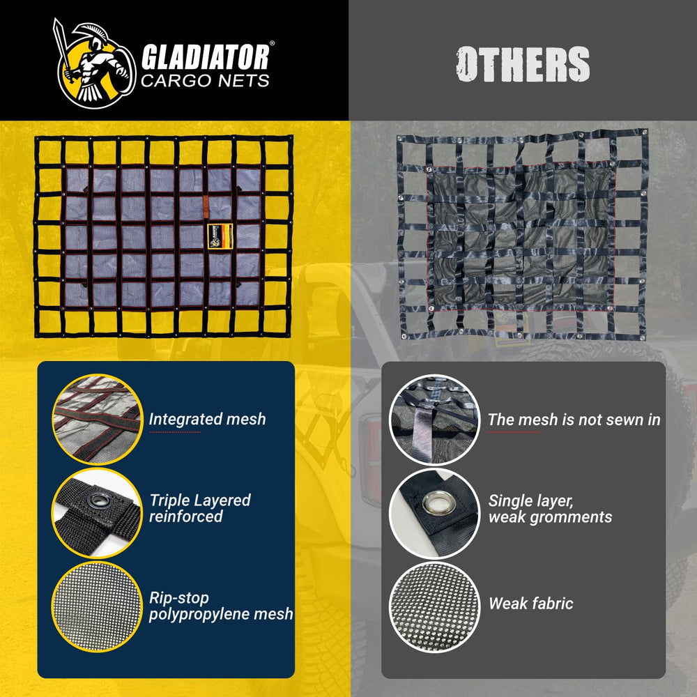 Gladiator Cargo Nets packed in storage bag for quick, tangle-free portability