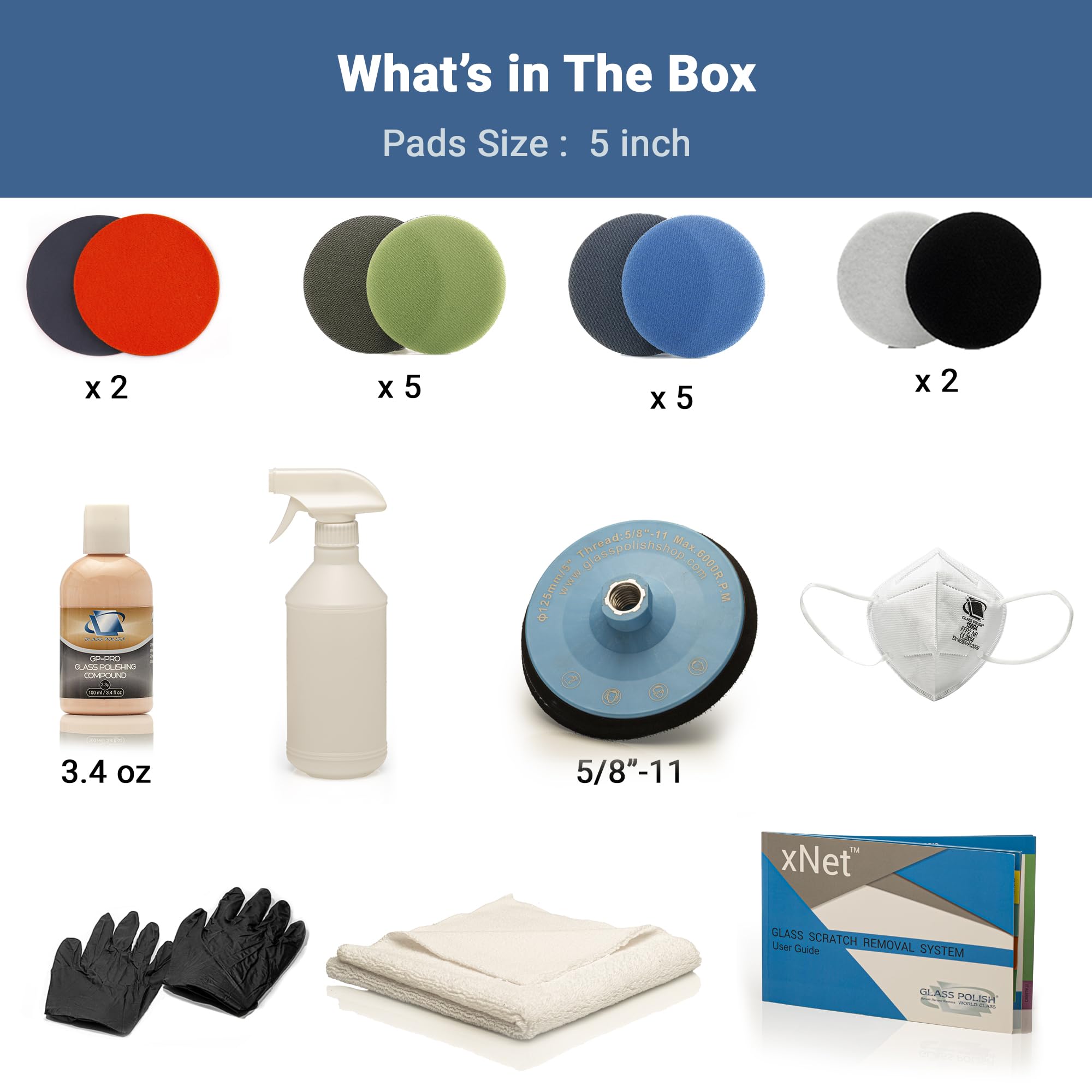 Glass Polish contents laid out including abrasives, pads and instructions