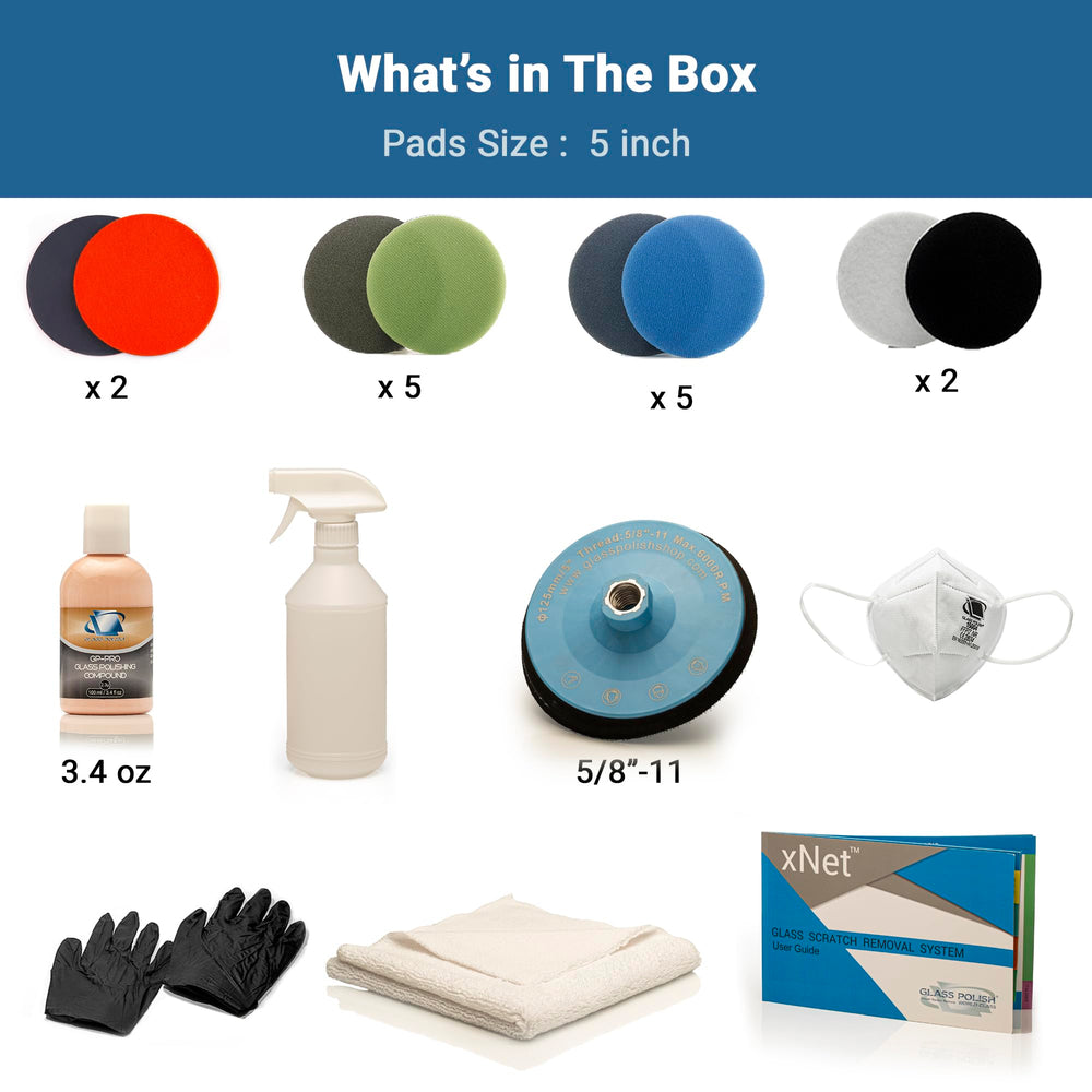 Glass Polish contents laid out including abrasives, pads and instructions