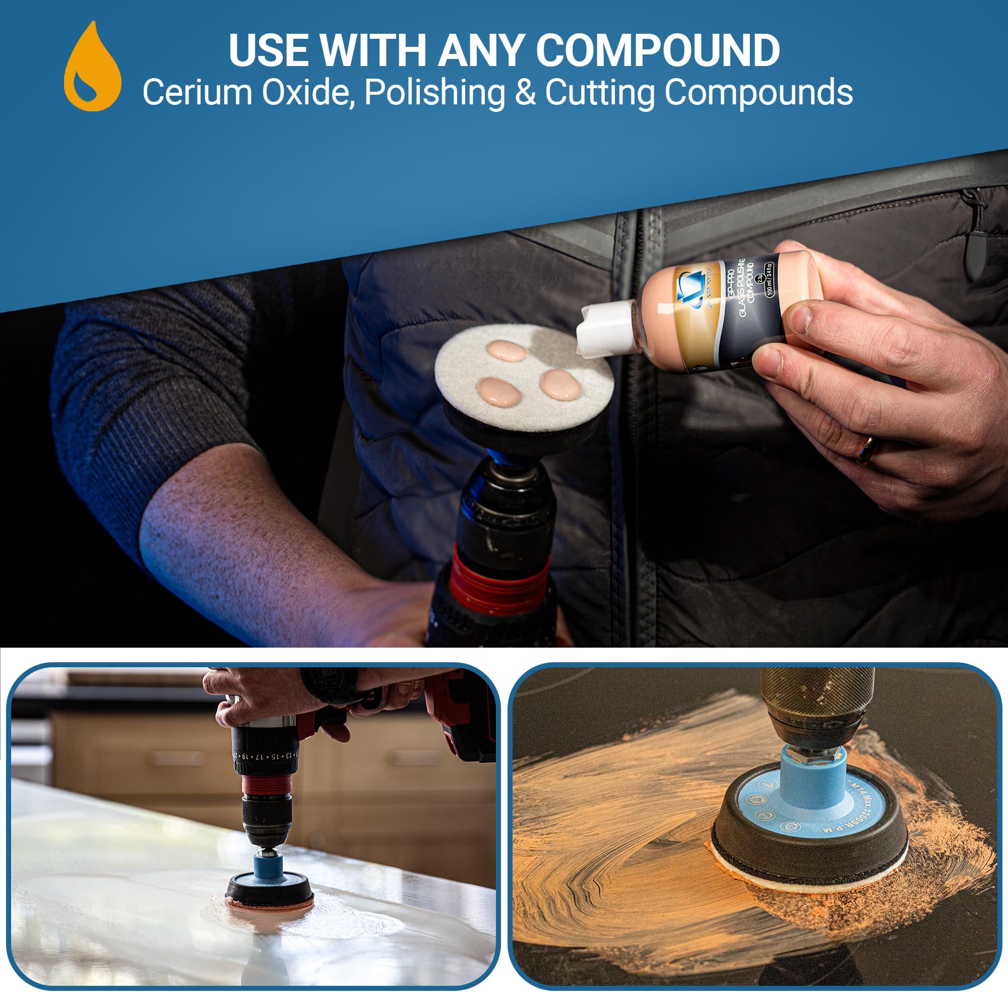 Glass Polish pad mounted on backing plate demonstrating easy hook-and-loop fit