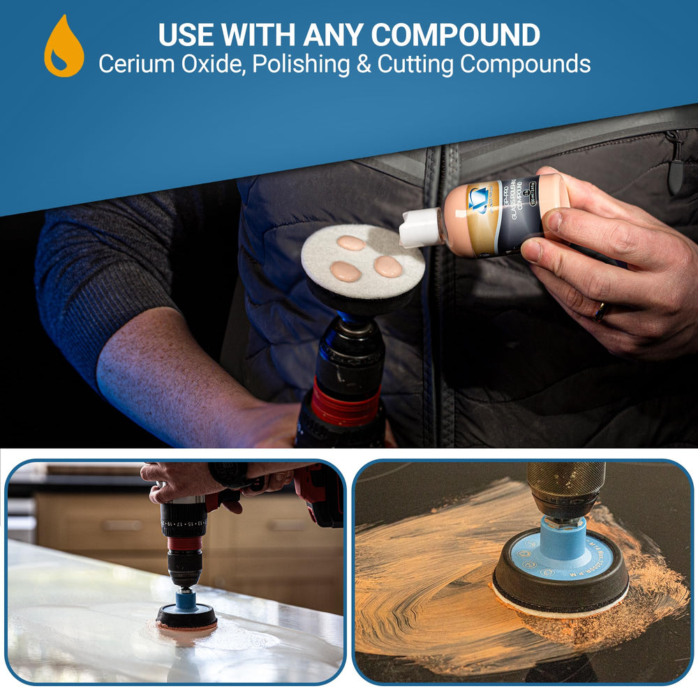Glass Polish pad mounted on backing plate demonstrating easy hook-and-loop fit