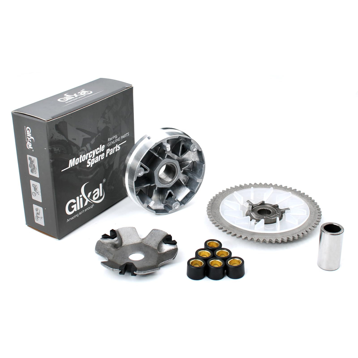 Glixal front variator assembly showing precise fit for GY6 engines and reliable drive