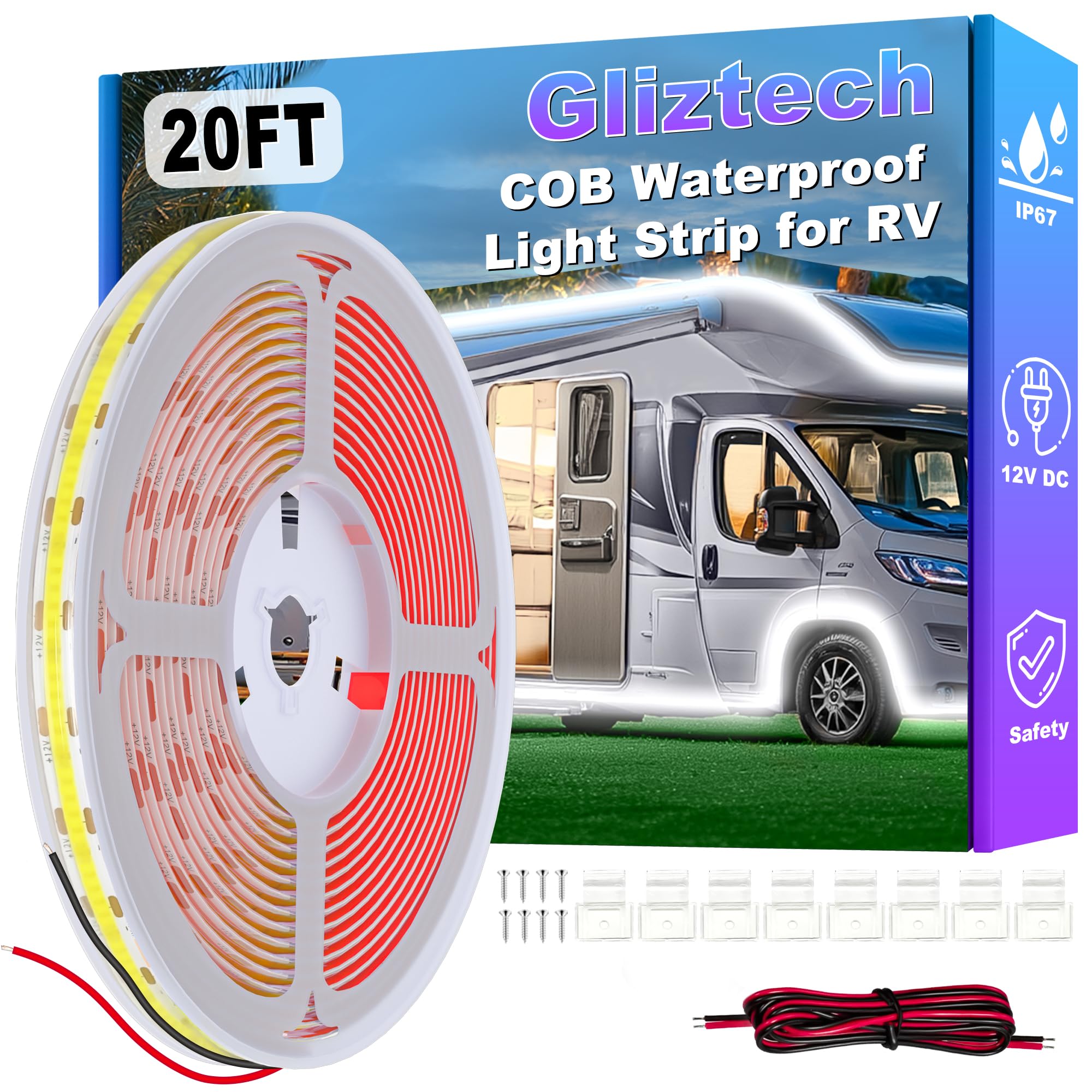 Gliztech front packaging showing complete 20FT awning light kit and contents