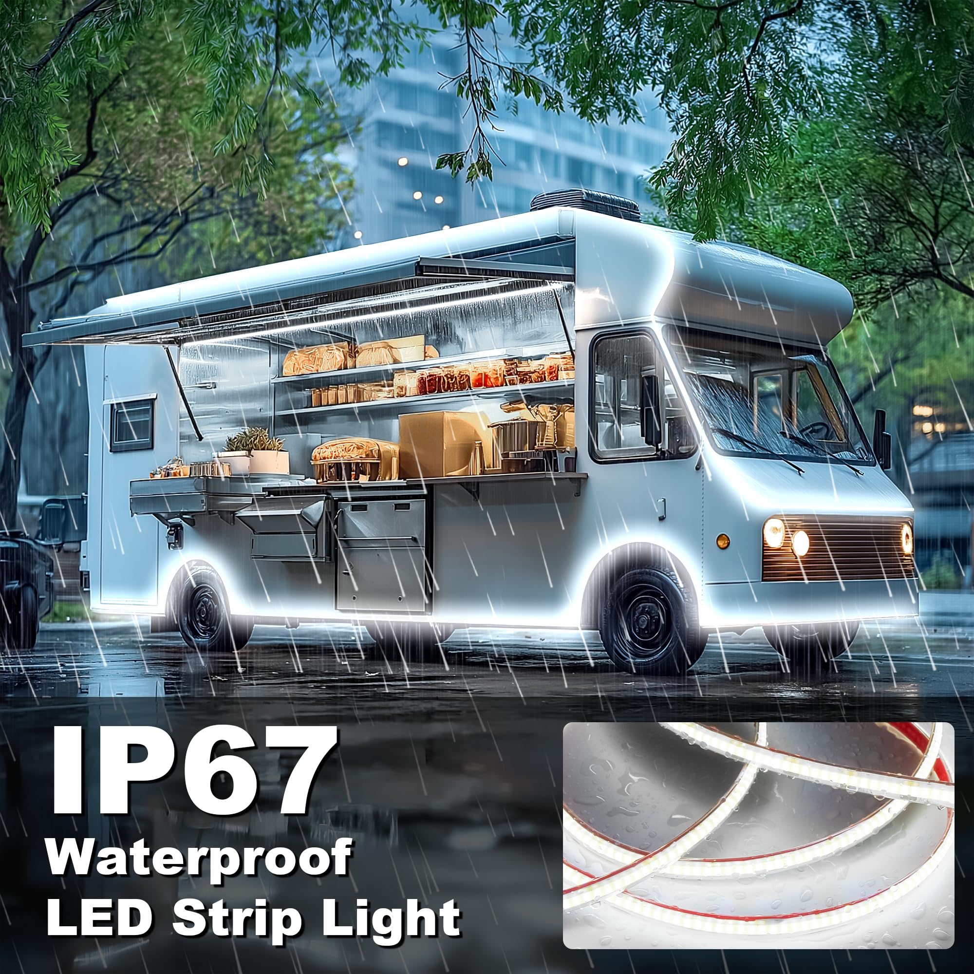 Gliztech mounted on RV awning providing bright even campsite illumination