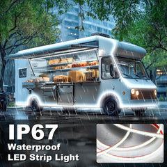 Gliztech mounted on RV awning providing bright even campsite illumination
