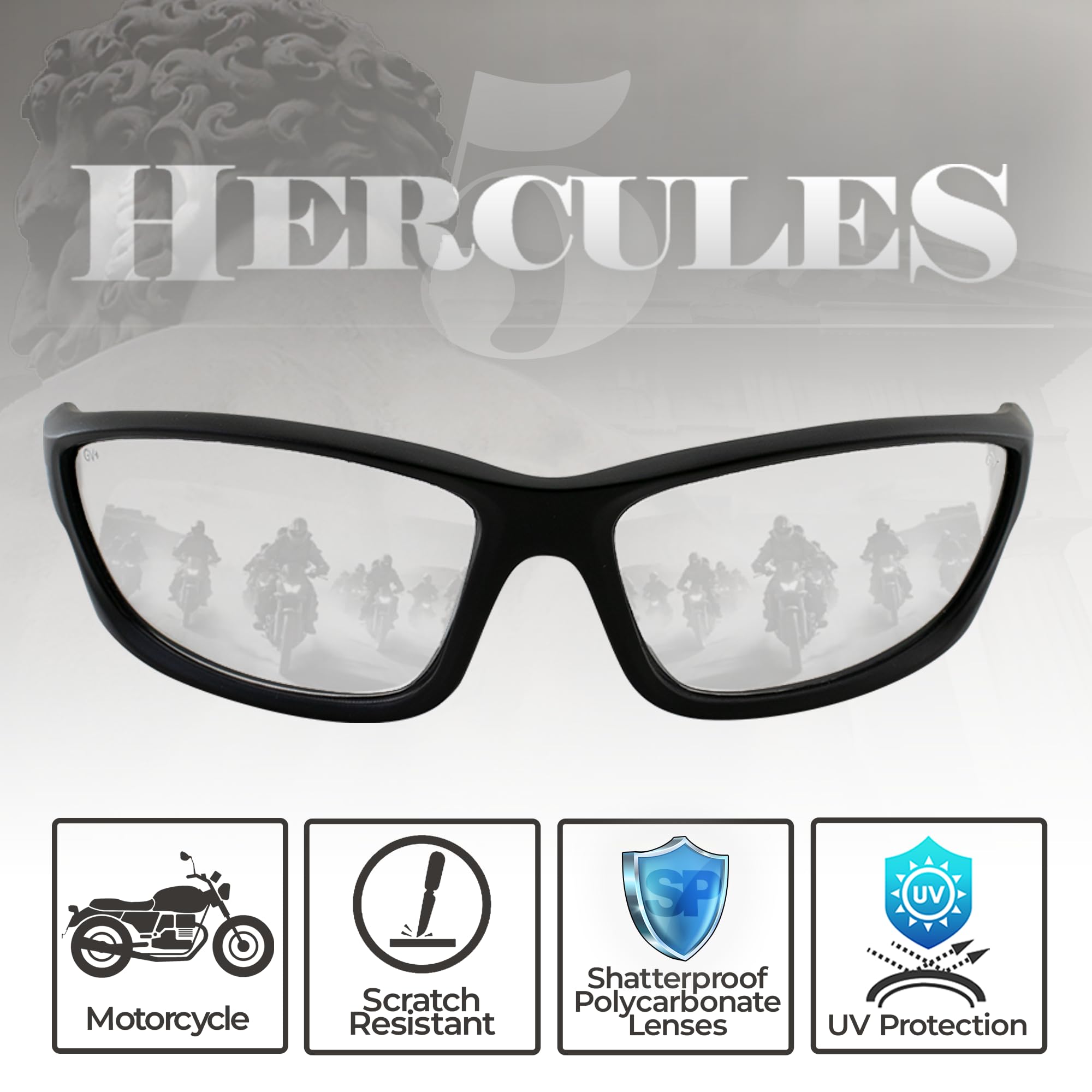 Global Vision Hercules-5 close-up of clear lens highlighting shatterproof polycarbonate clarity benefit