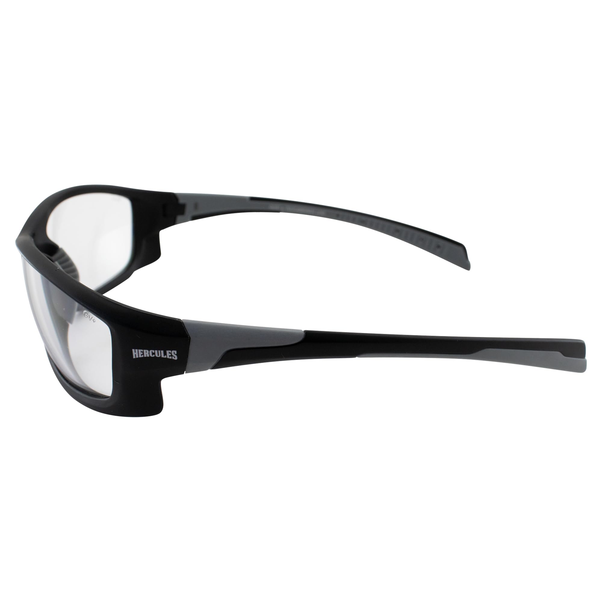 Global Vision Hercules-5 side profile paired with helmet demonstrating aerodynamic, helmet-friendly fit
