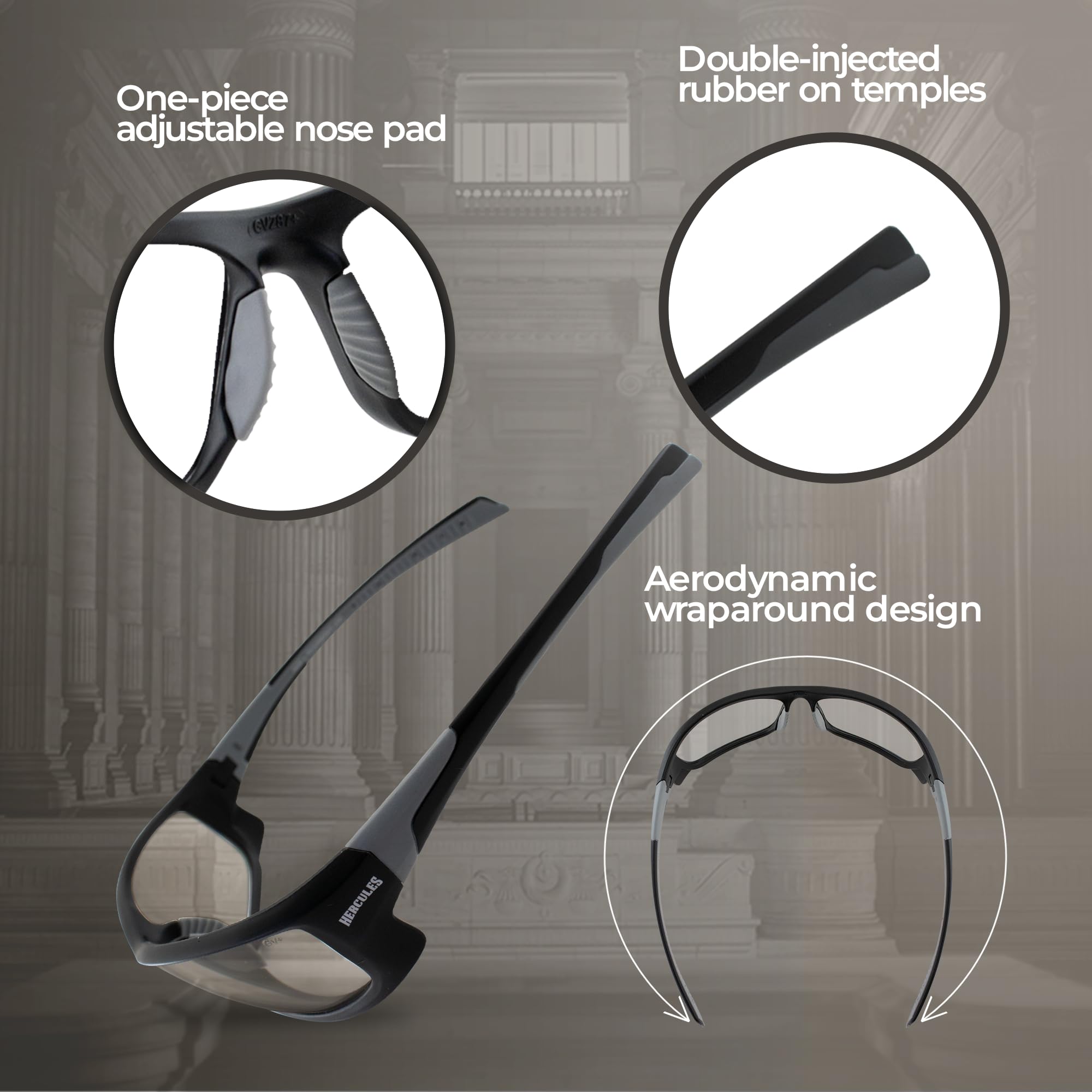 Global Vision Hercules-5 temple grip detail with double-injected rubber for secure anti-slip hold