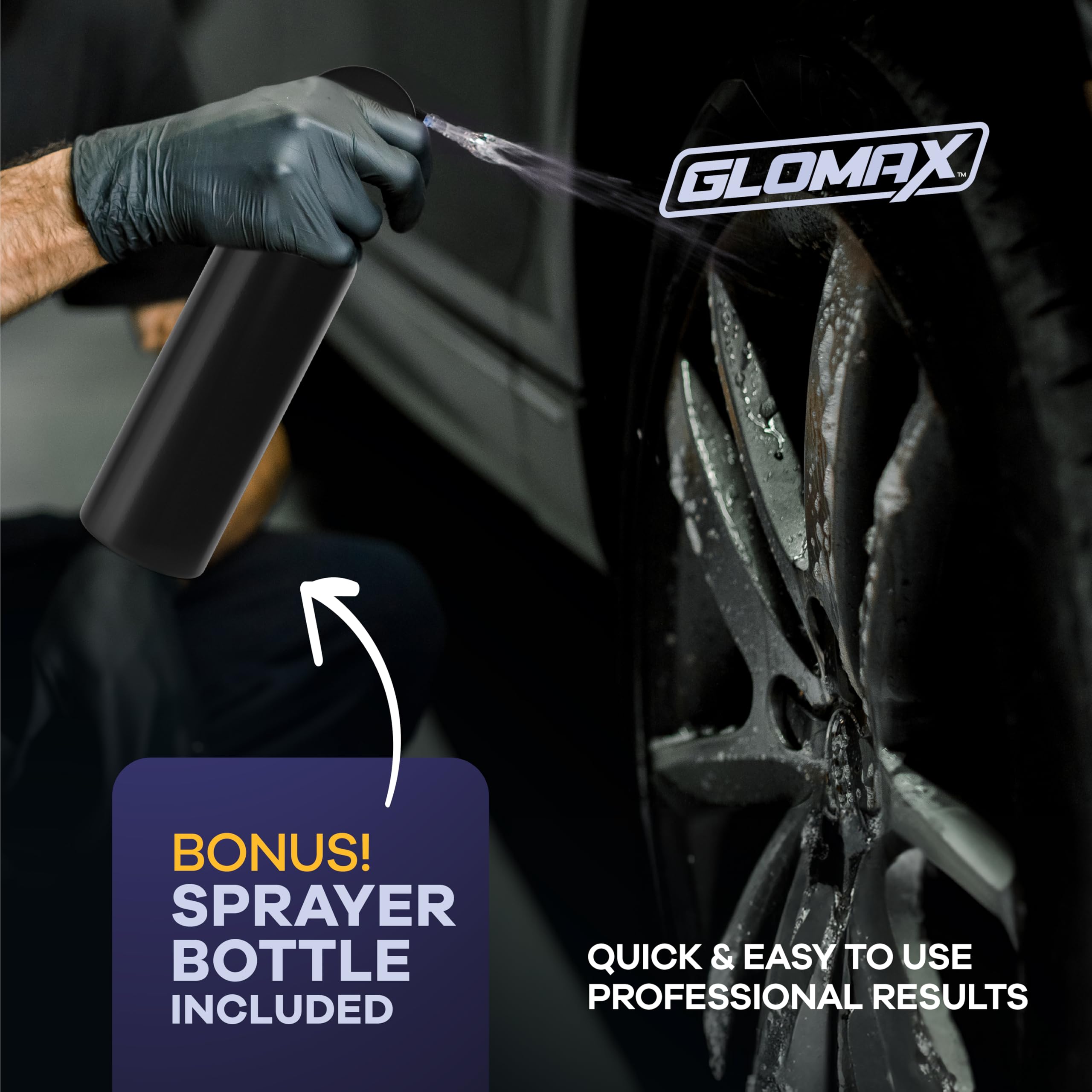 GLOMAX being sprayed on tire showing easy grime and oil removal