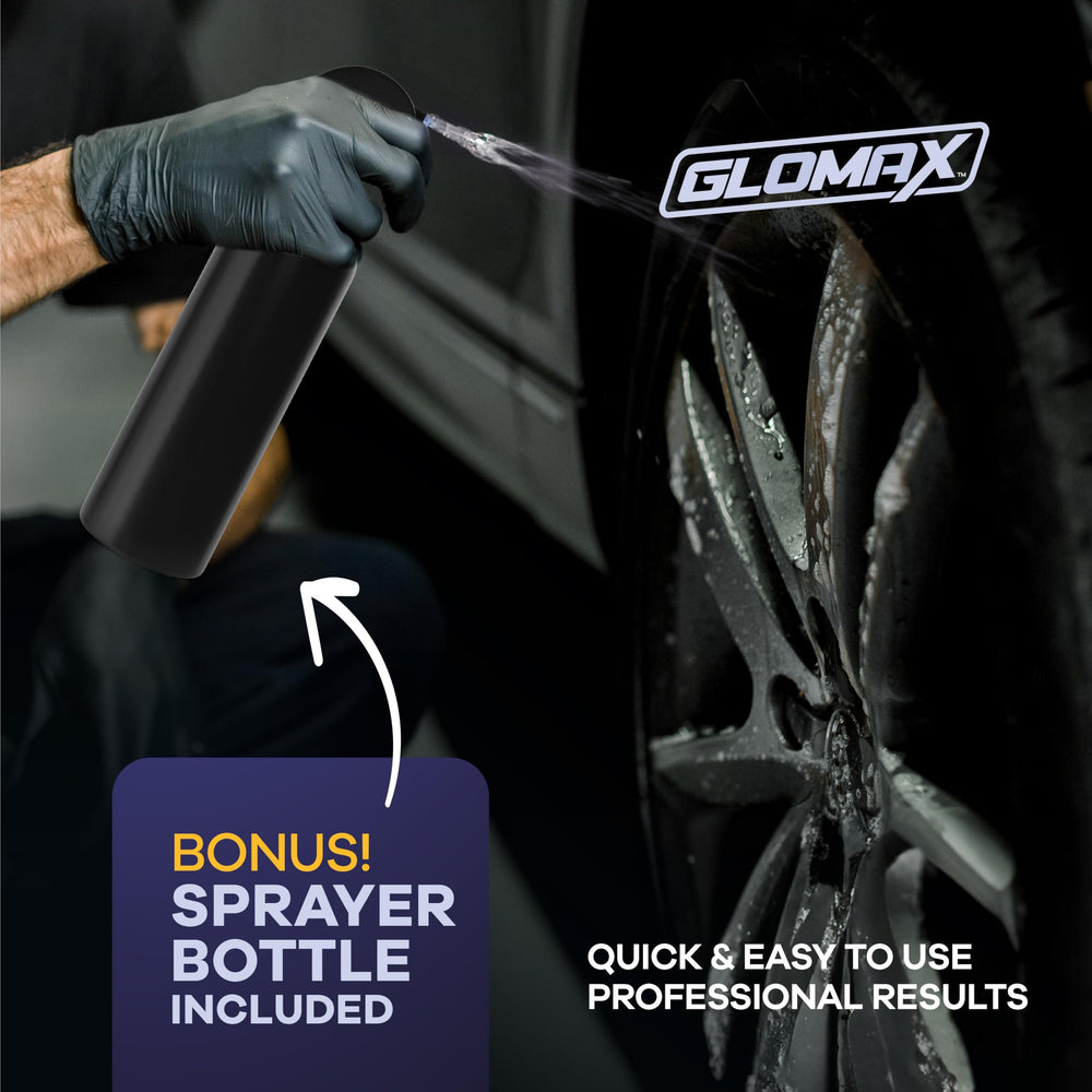 GLOMAX being sprayed on tire showing easy grime and oil removal