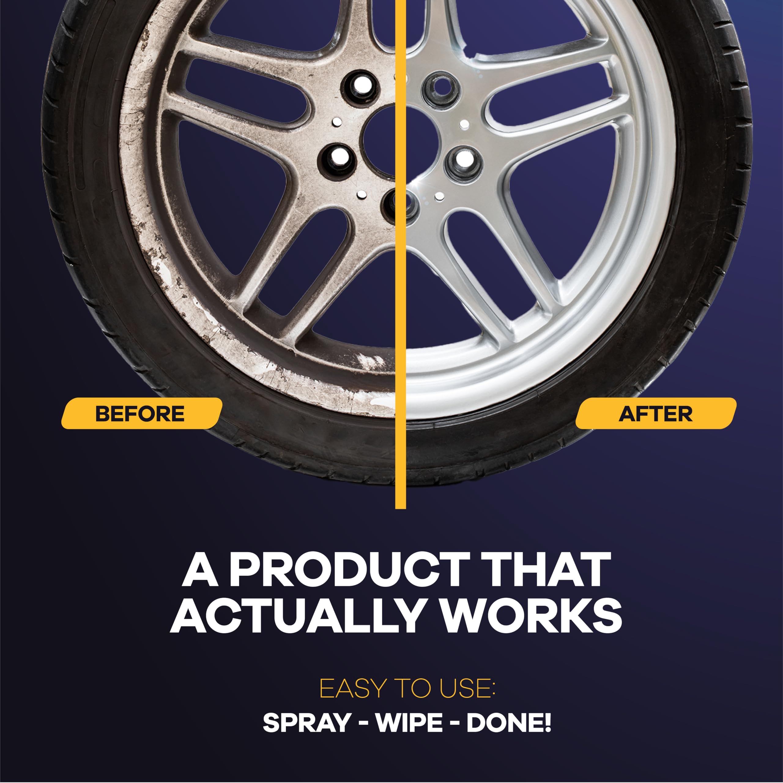 GLOMAX dramatic wheel before and after cleaning demonstrating brake dust removal