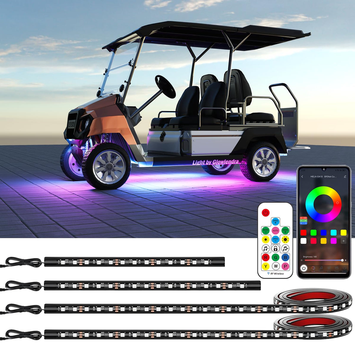 Glowlendra front packed kit showing included strips and accessories for quick install