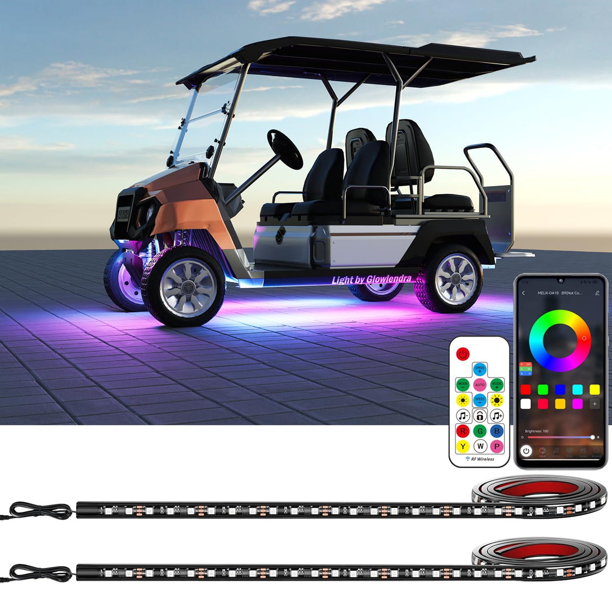 Glowlendra front view on golf cart showing bright underglow enhances visibility