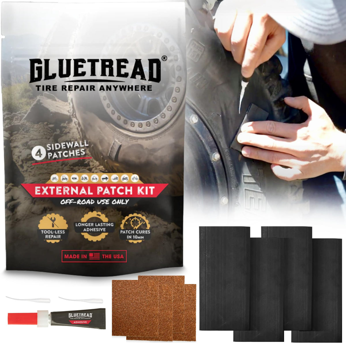 GLUETREAD front packaging showing kit and quick emergency benefit