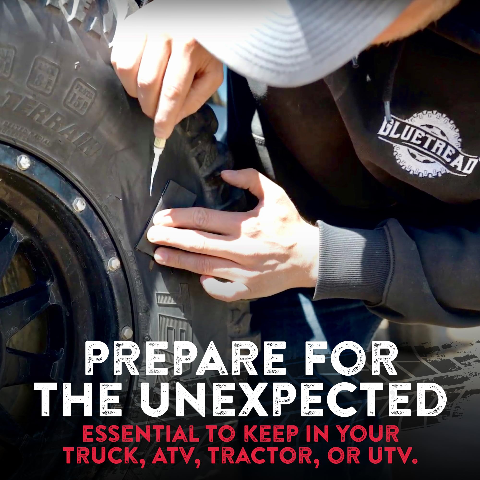 GLUETREAD sealed patch on tire showing restored air-holding ability
