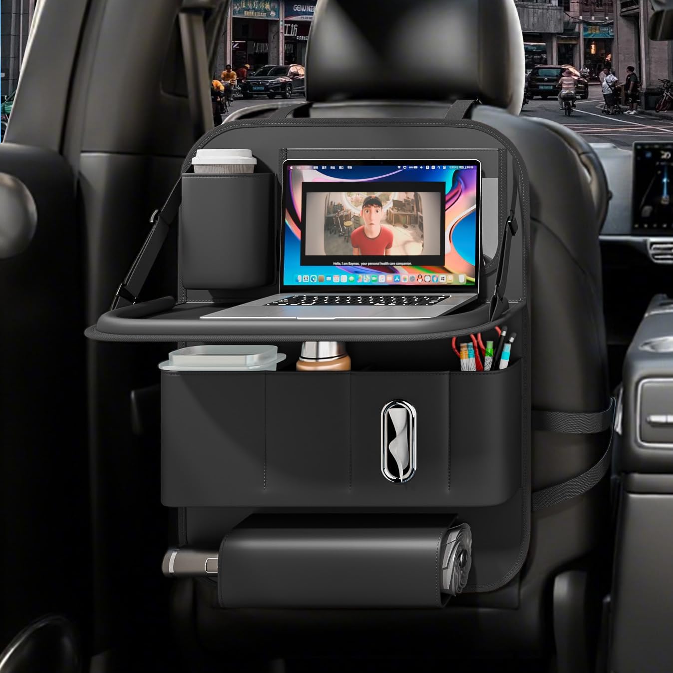 GMQ front view showing tray and pockets, keeps backseat tidy