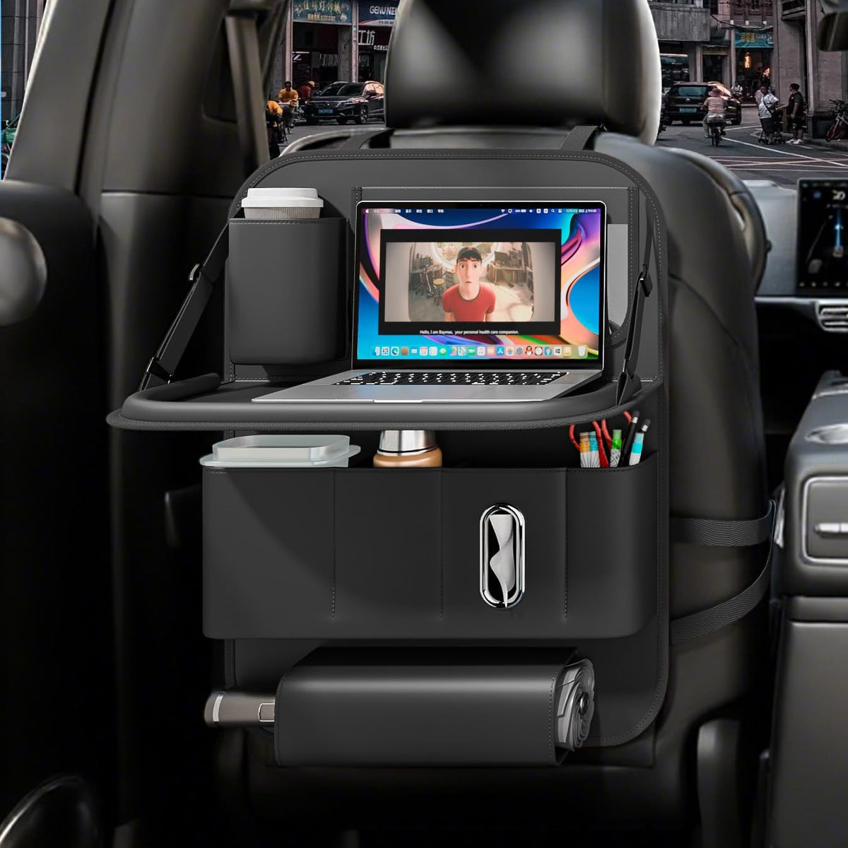 GMQ front view showing tray and pockets, keeps backseat tidy