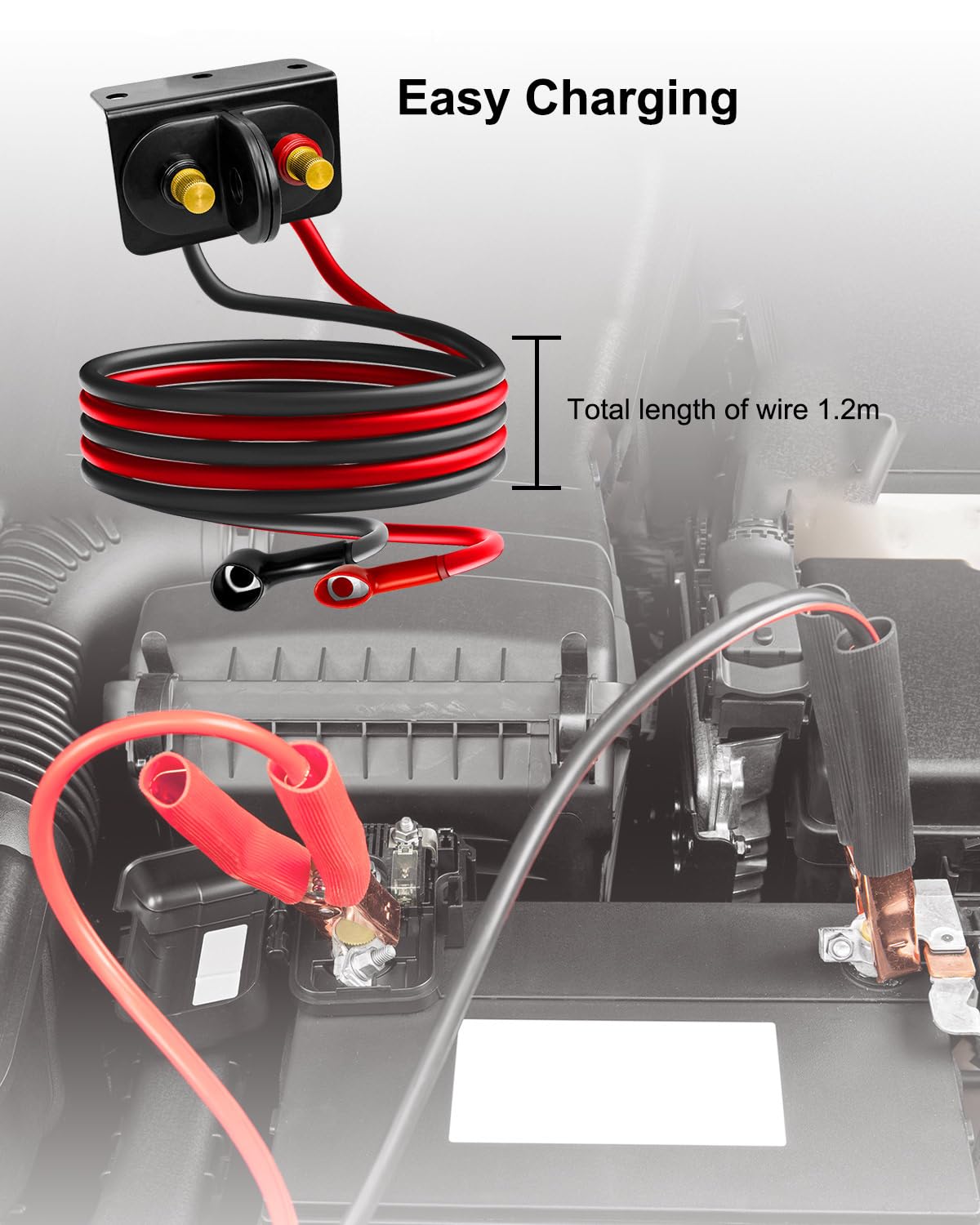 GMURA terminals connected to jump-starter clamps enabling fast emergency starts