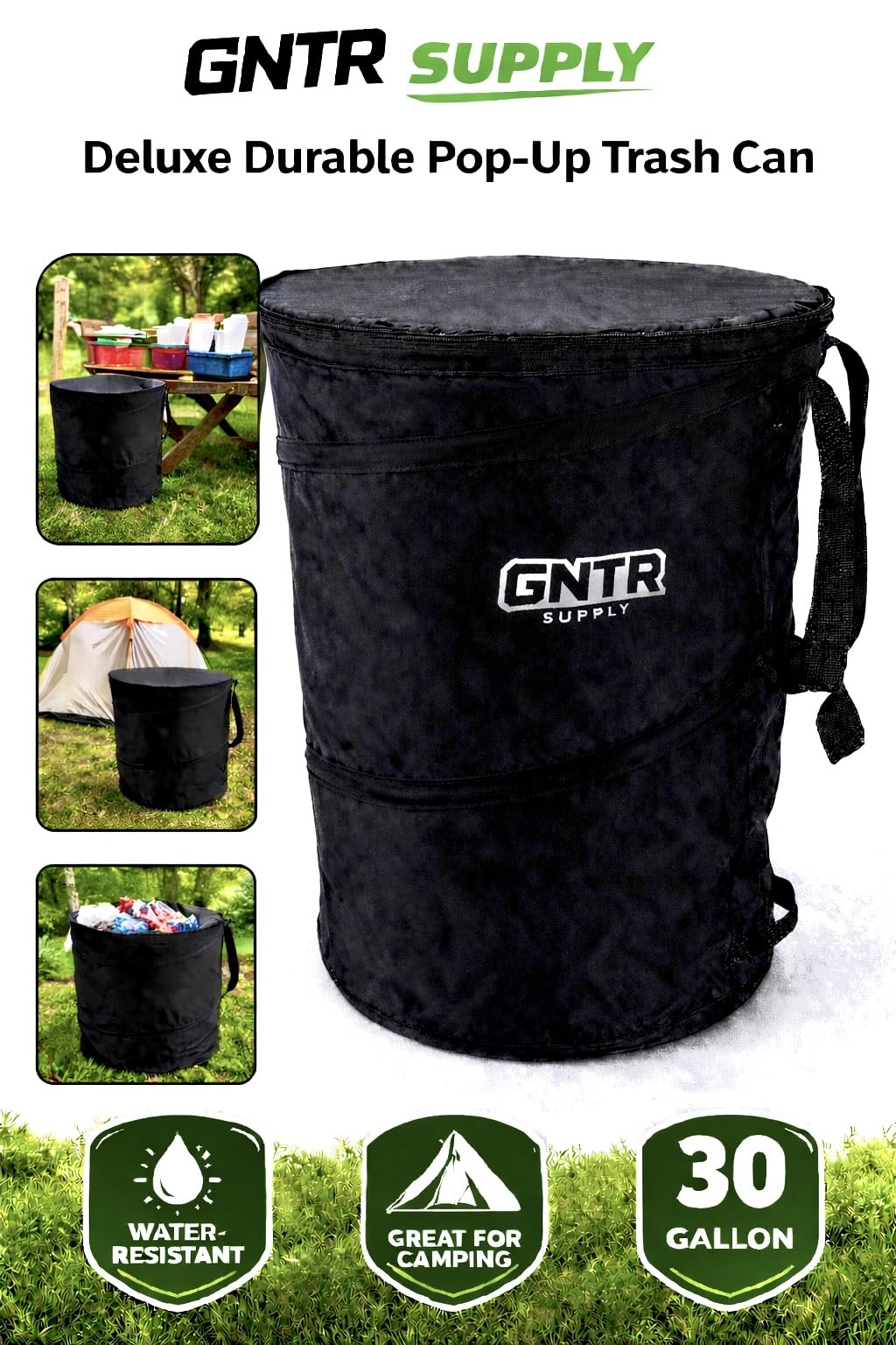 GNTR Supply zippered lid close-up keeping trash contained and pest-proof