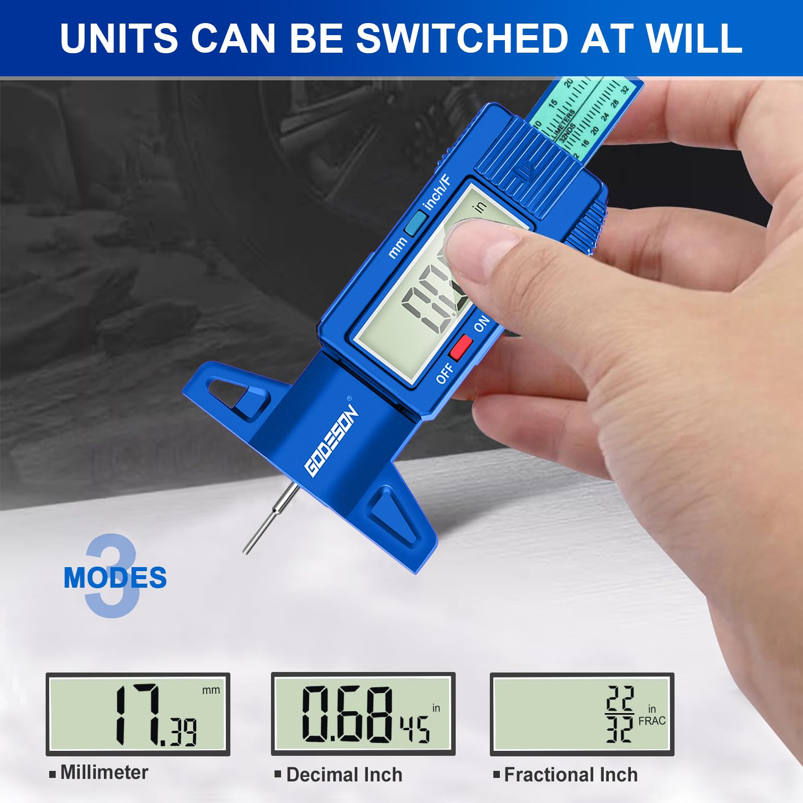 GODESON digital display detail showing precise numeric readout and unit selection