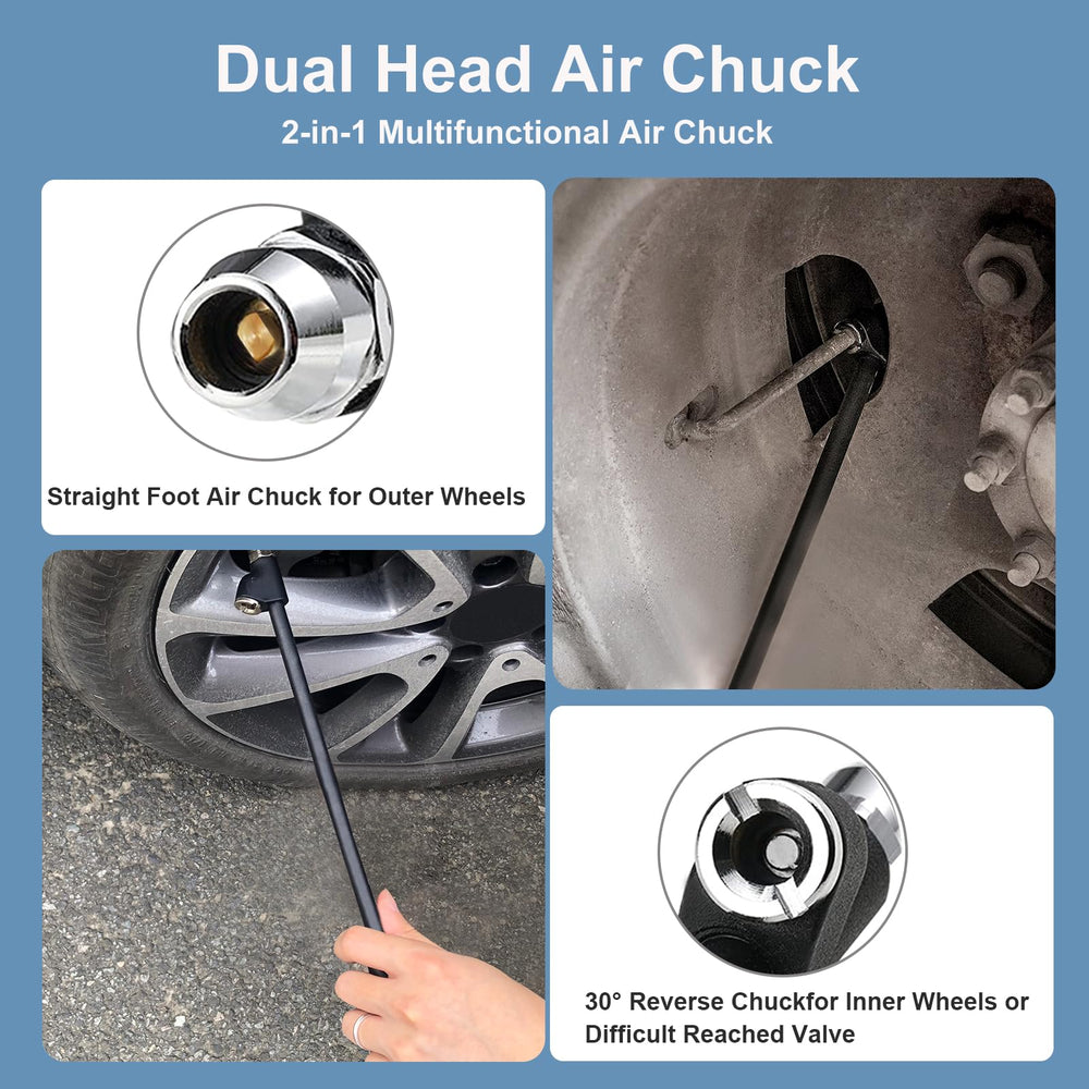 GODESON air chuck attached to a dually tire valve demonstrating easier inner valve access