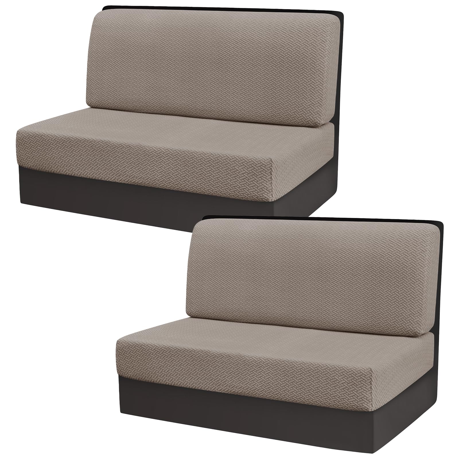 Gollense front view of T-Khaki dinette covers showing updated RV seating and neat appearance