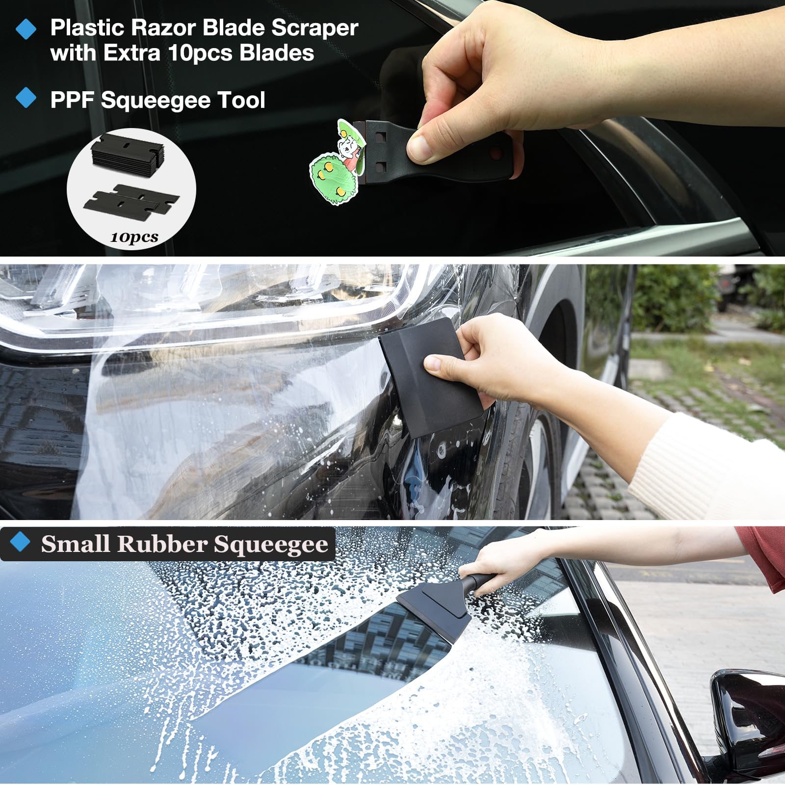 Gomake squeegee in use on auto window demonstrating smooth bubble removal