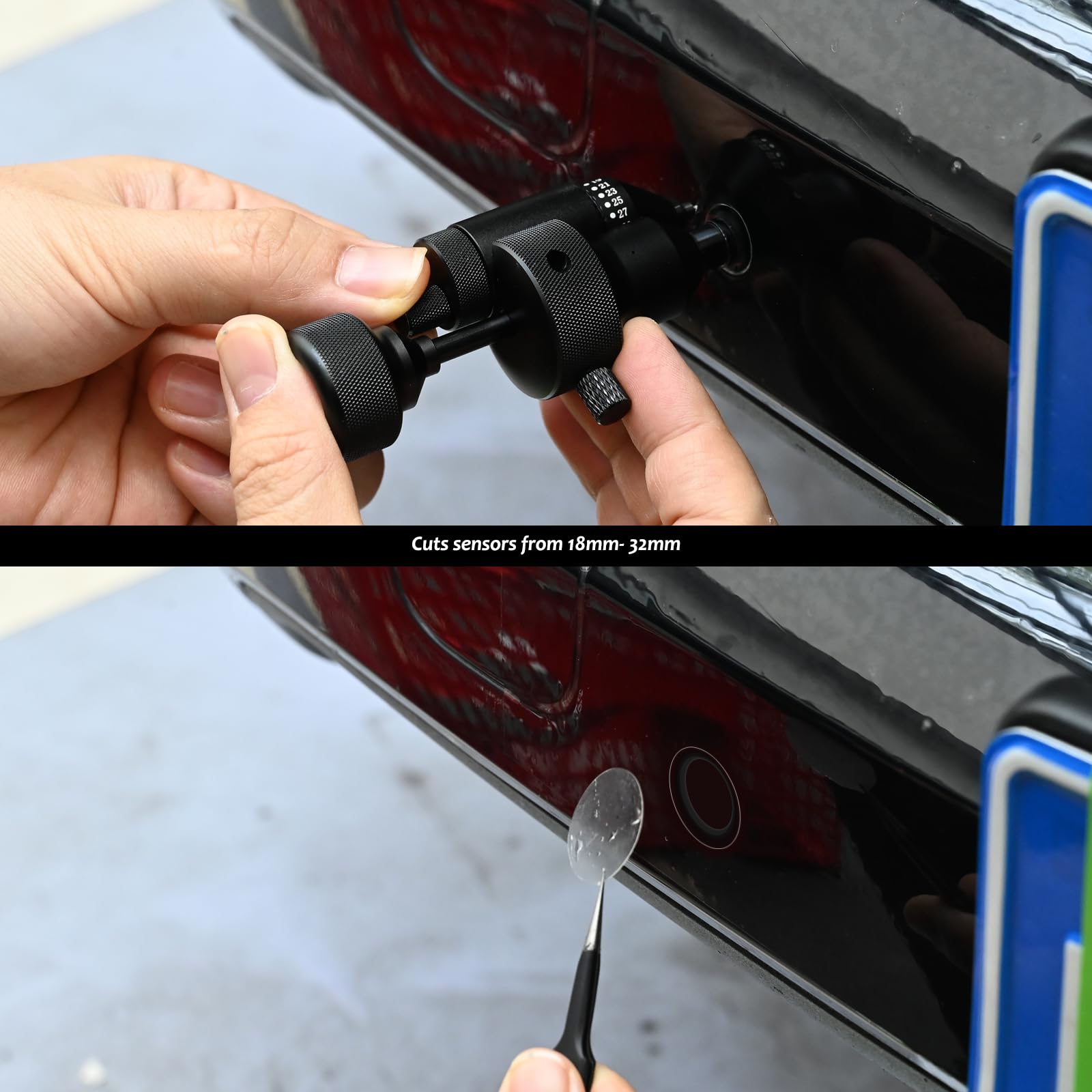 Gomake tool in use on bumper for accurate sensor hole placement