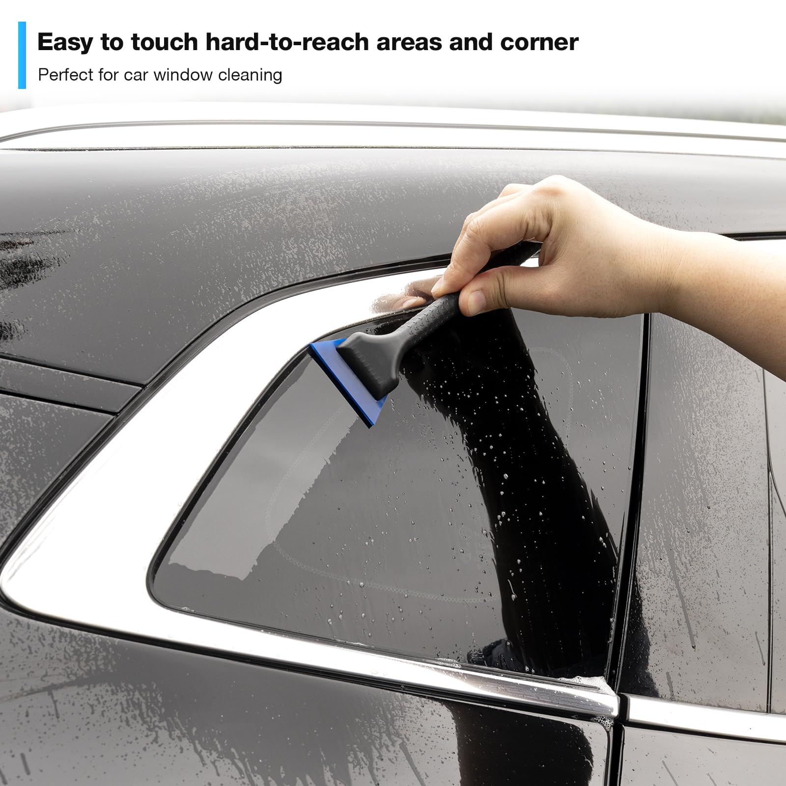 Gomake small squeegee smoothing film on a tight quarter window