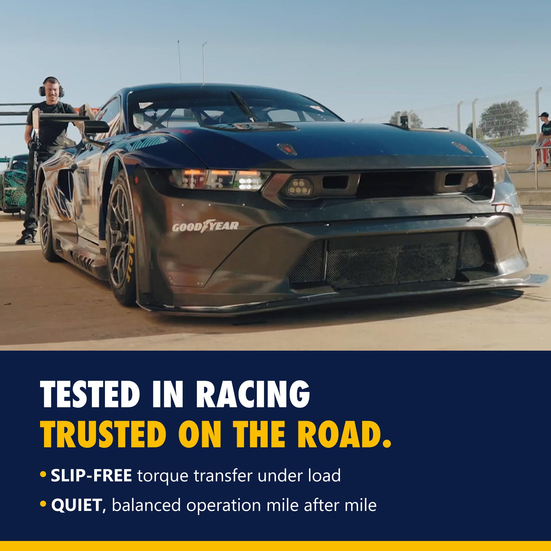 Goodyear belt label with part number 1070443 and clear identification benefit