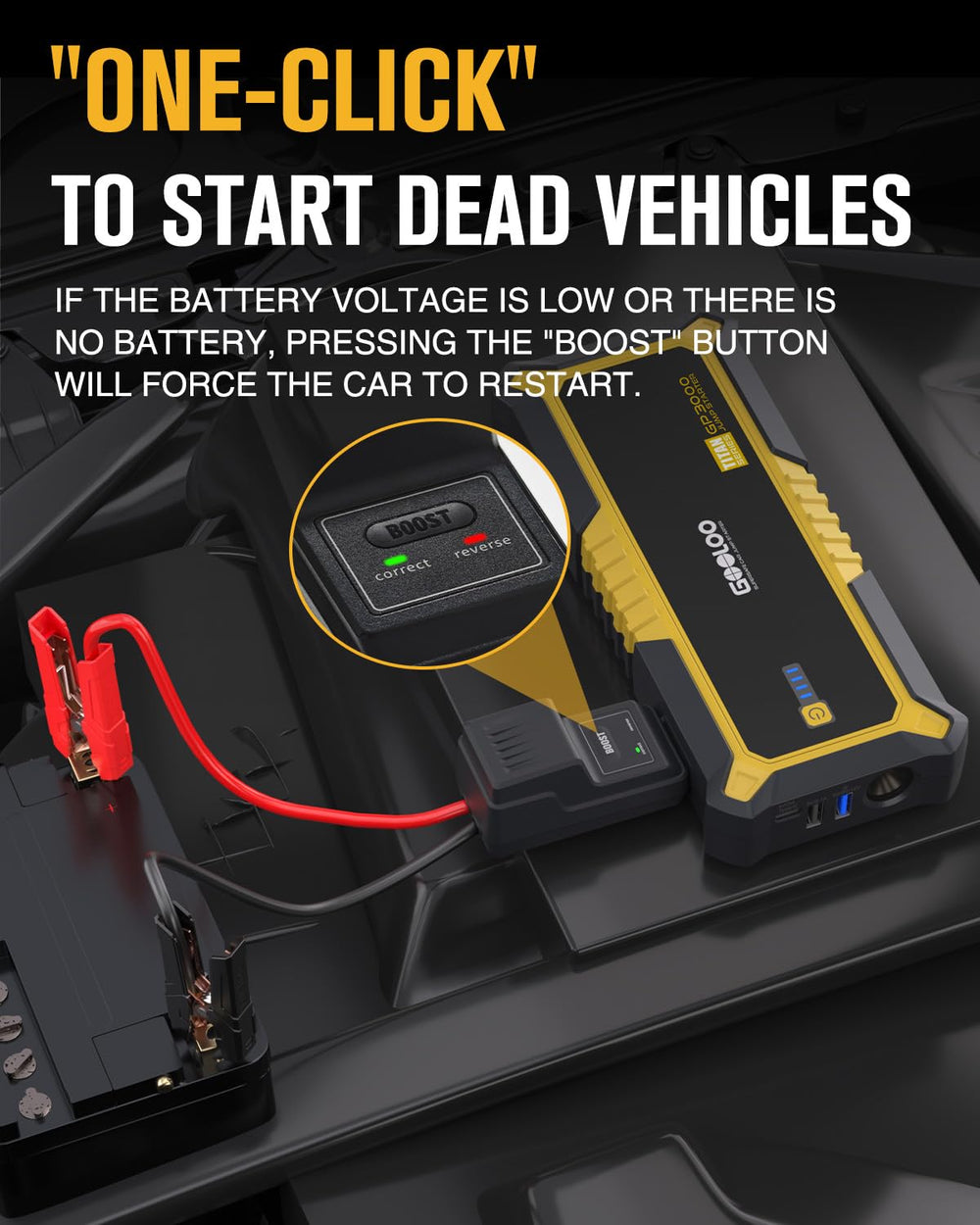 GOOLOO clamps attached to car battery, safe secure connection for jump-starting