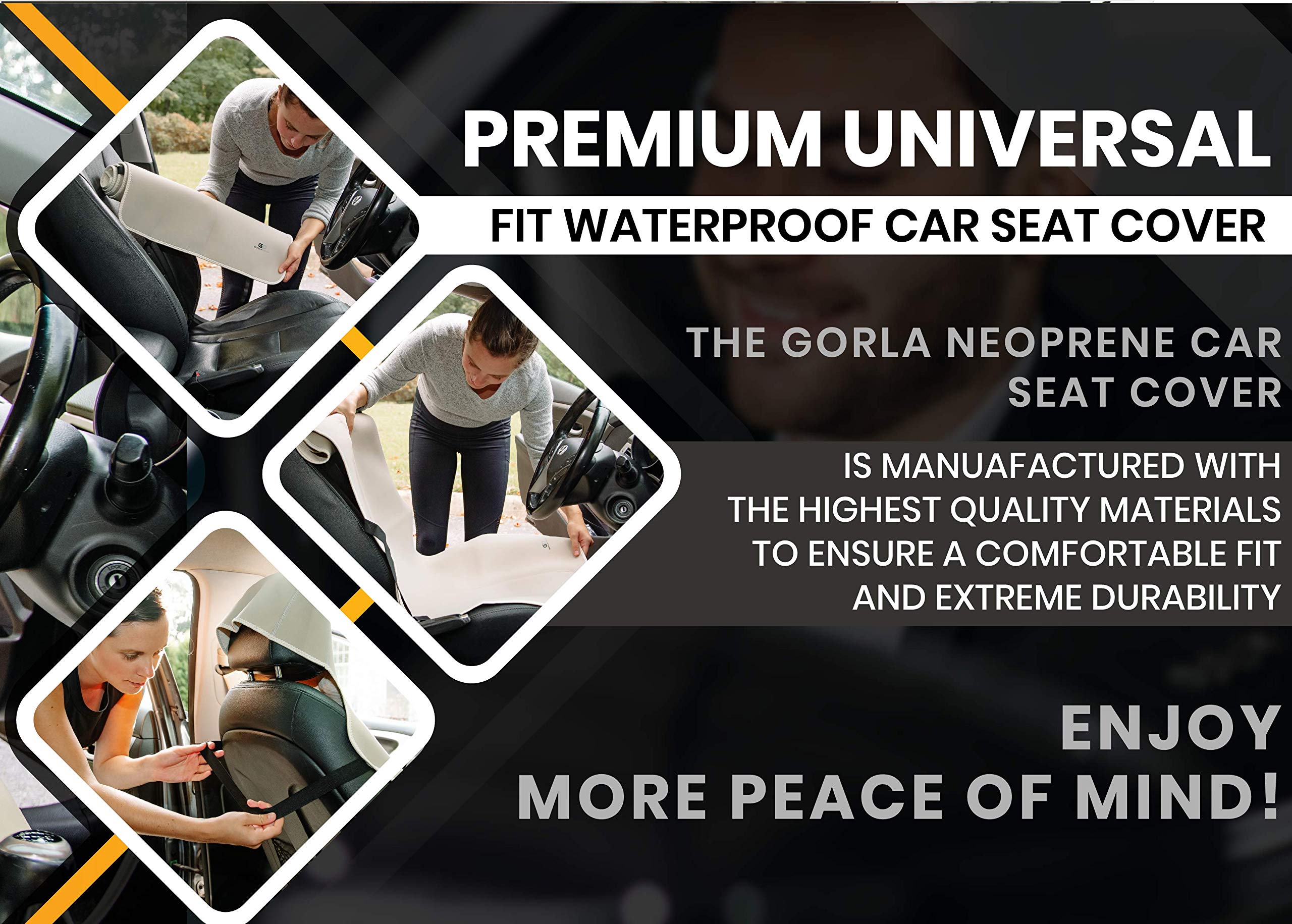 Gorla installed on car front seat showing neat fit and comfort benefit