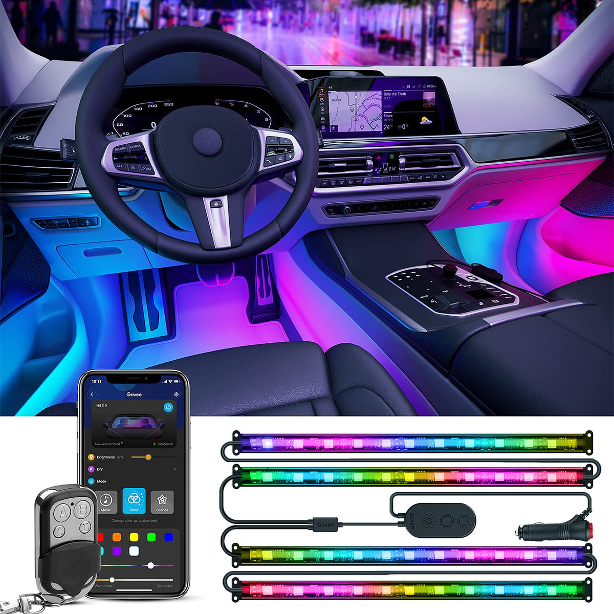 Govee car lights front installation showing vibrant cabin ambient benefit