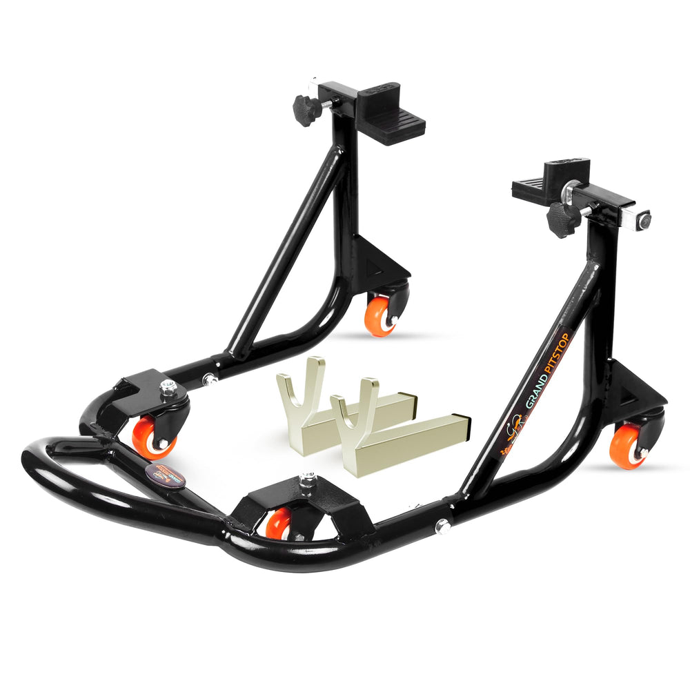 Grand Pitstop front view of rear paddock stand showing sturdy frame and stability benefit
