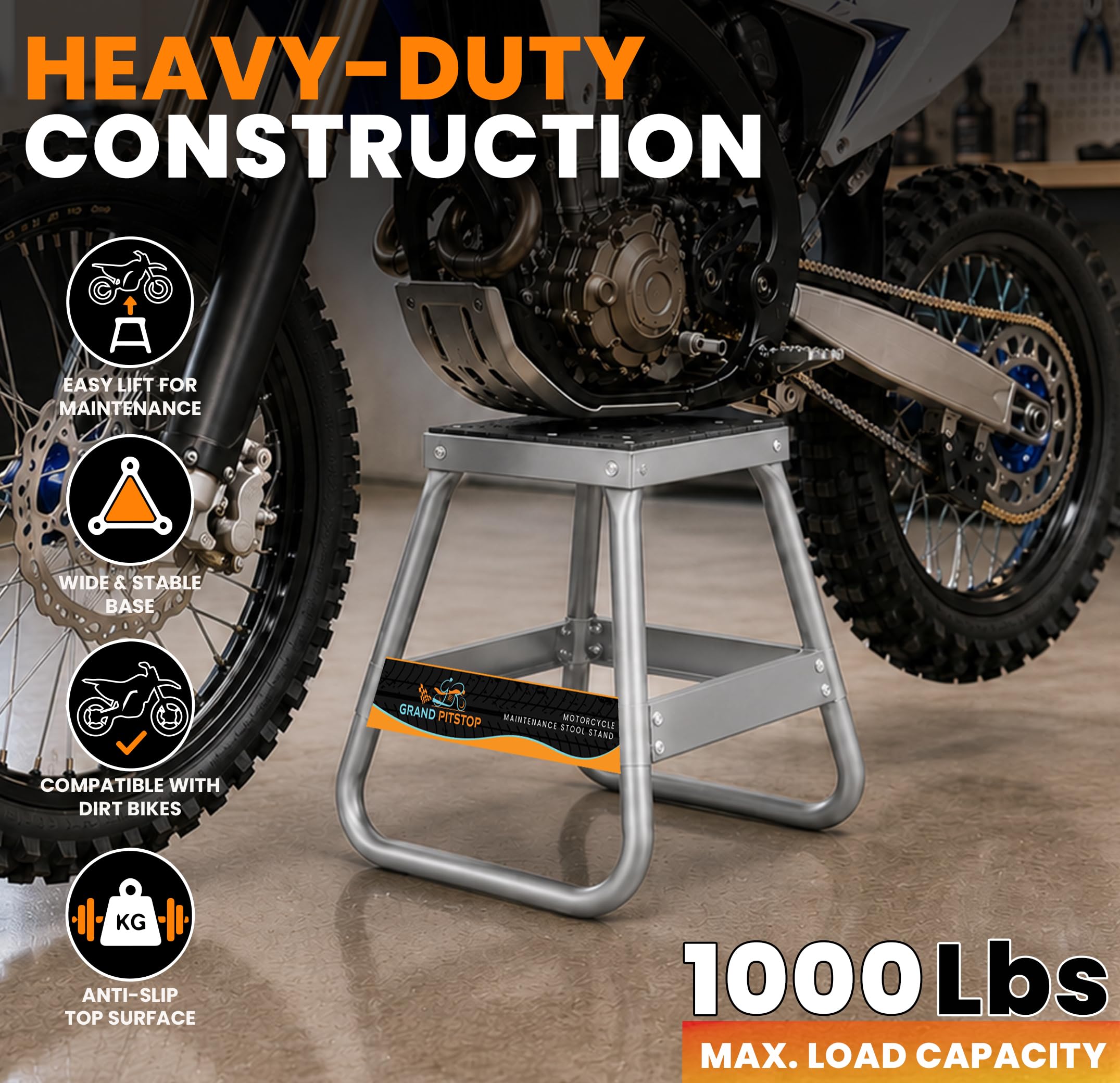 GRAND PITSTOP stand holding a dirt bike for maintenance, improved access benefit