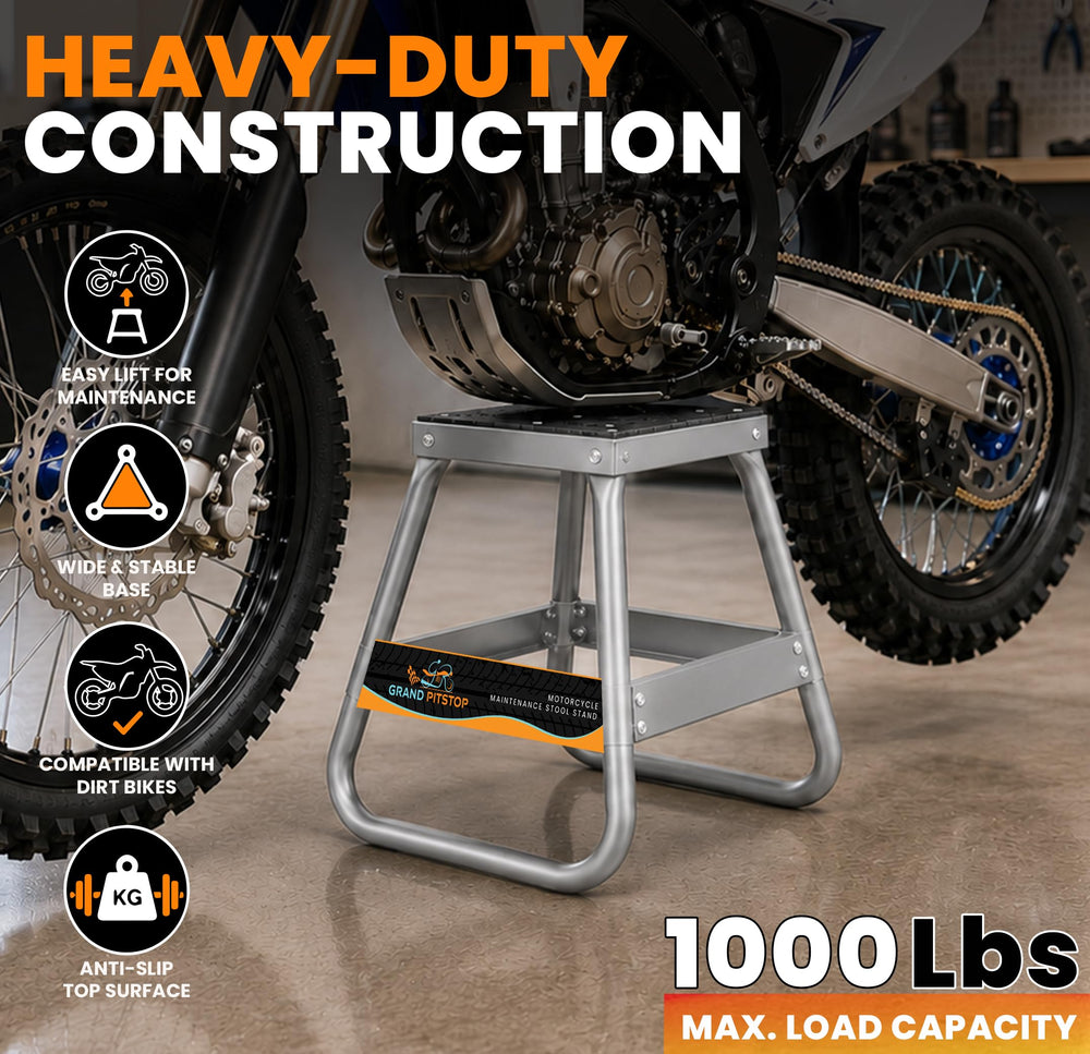 GRAND PITSTOP stand holding a dirt bike for maintenance, improved access benefit