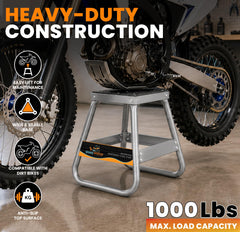 GRAND PITSTOP stand holding a dirt bike for maintenance, improved access benefit
