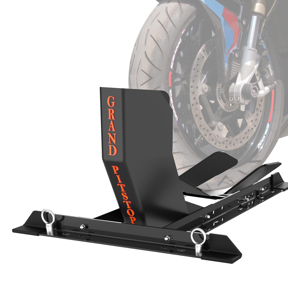 GRAND PITSTOP front view showing chock holding a motorcycle wheel securely