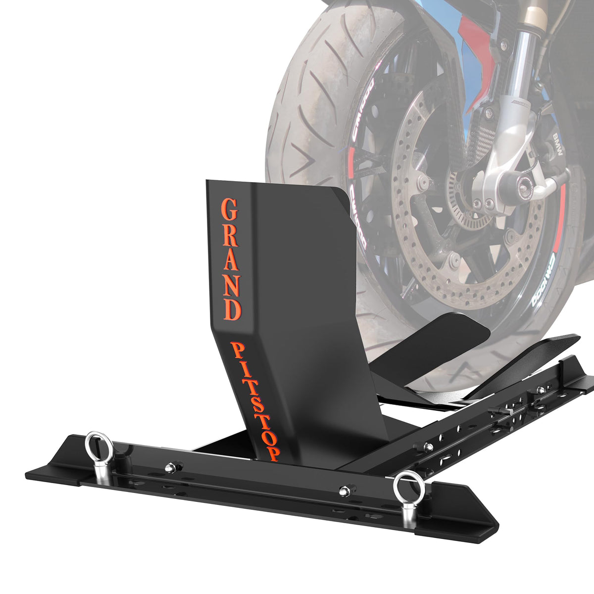 GRAND PITSTOP front view showing chock holding a motorcycle wheel securely