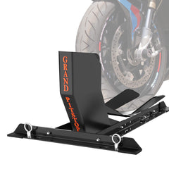 GRAND PITSTOP front view showing chock holding a motorcycle wheel securely